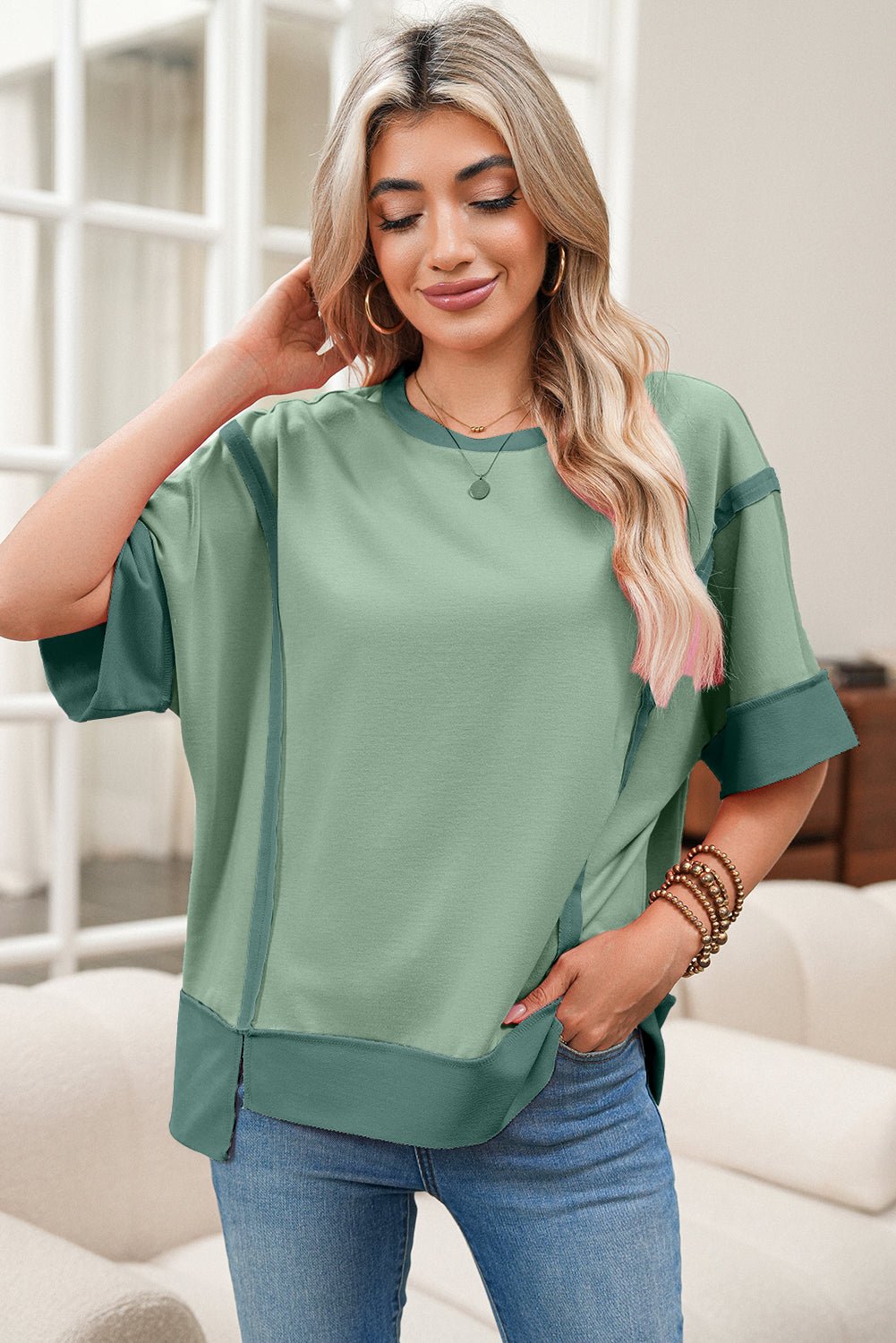 Peach Blossom Half Sleeve Raw Seam High Low Side Split Top - MAD RUFFI