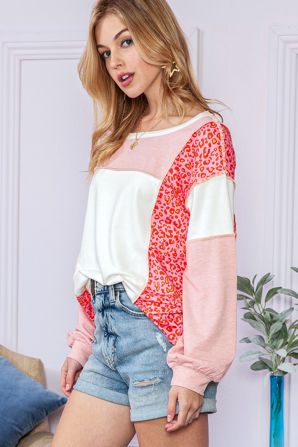 Peach Blossom Patchwork Long Sleeve Round Neck Top - MAD RUFFI