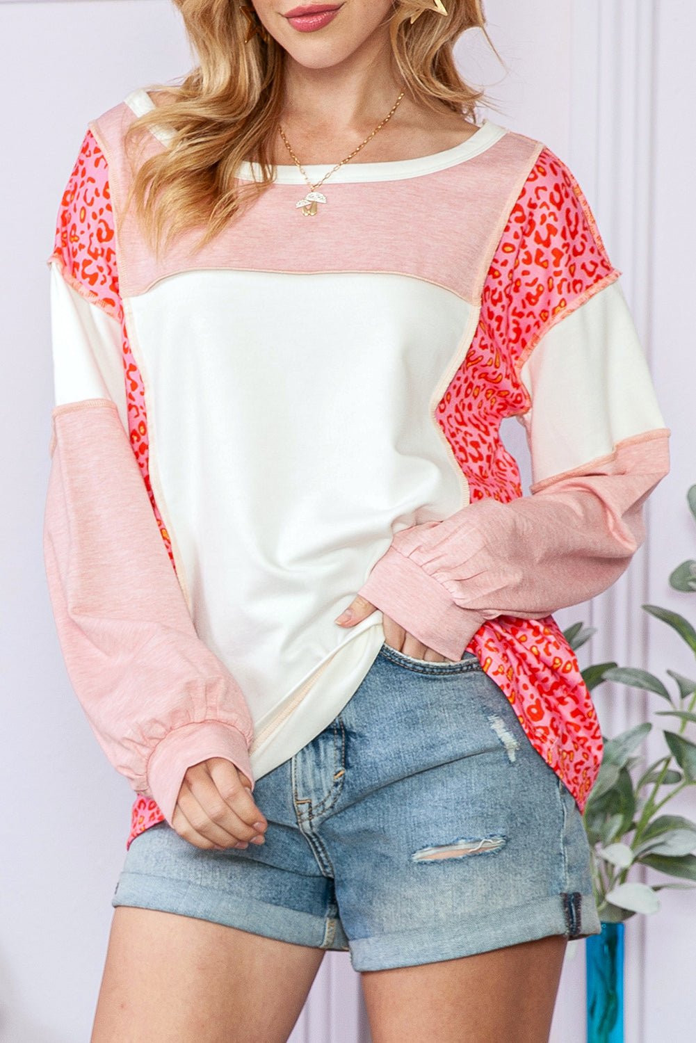 Peach Blossom Patchwork Long Sleeve Round Neck Top - MAD RUFFI