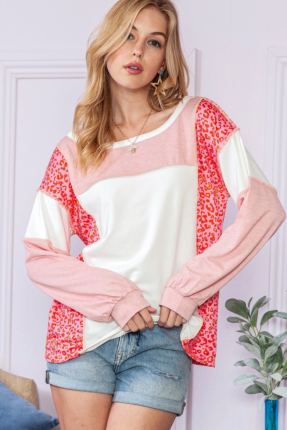 Peach Blossom Patchwork Long Sleeve Round Neck Top - MAD RUFFI