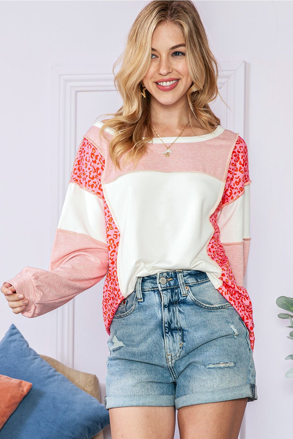 Peach Blossom Patchwork Long Sleeve Round Neck Top - MAD RUFFI