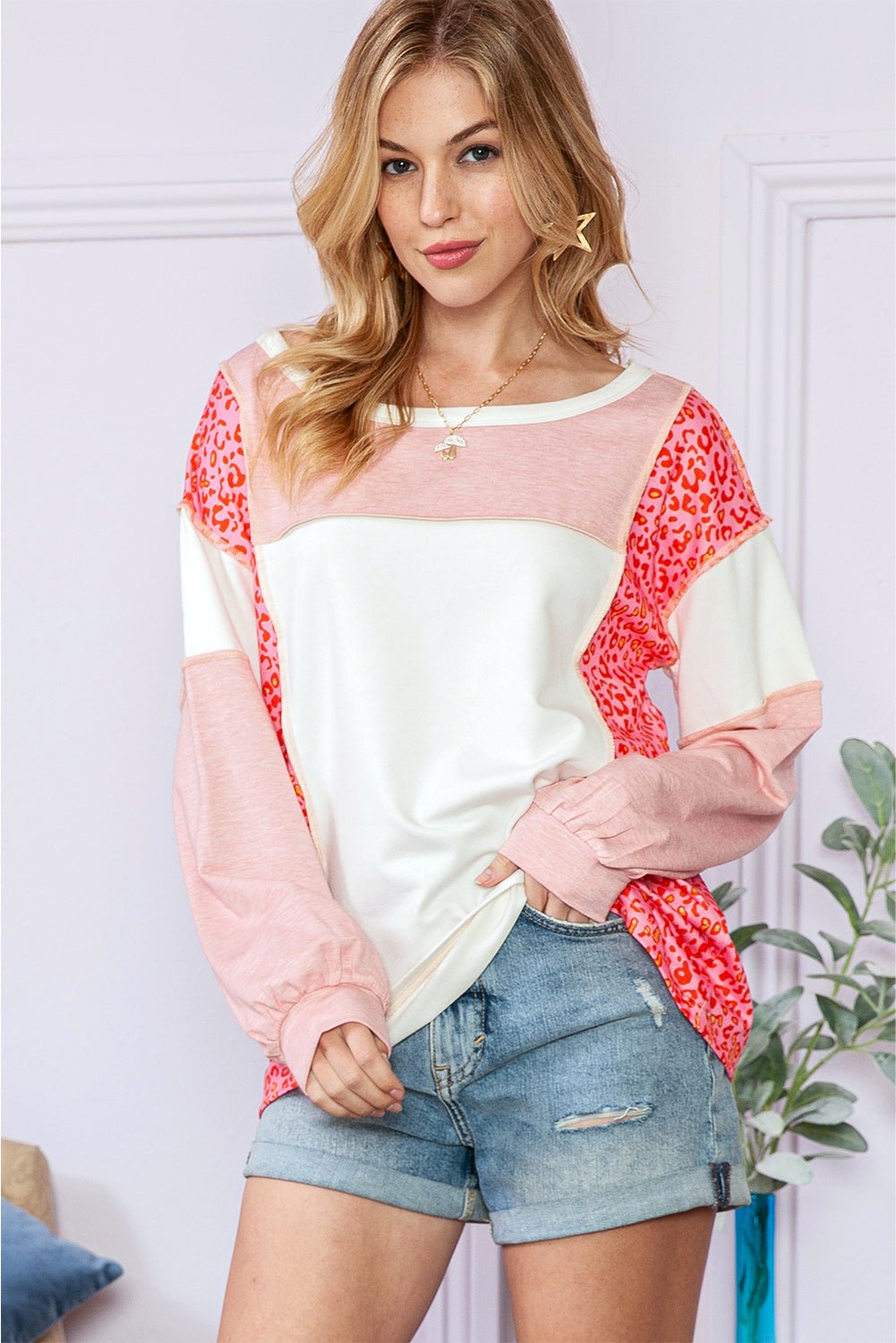 Peach Blossom Patchwork Long Sleeve Round Neck Top - MAD RUFFI