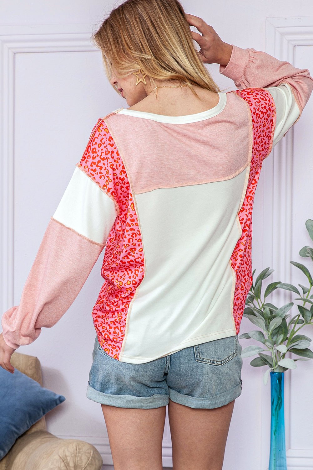 Peach Blossom Patchwork Long Sleeve Round Neck Top - MAD RUFFI