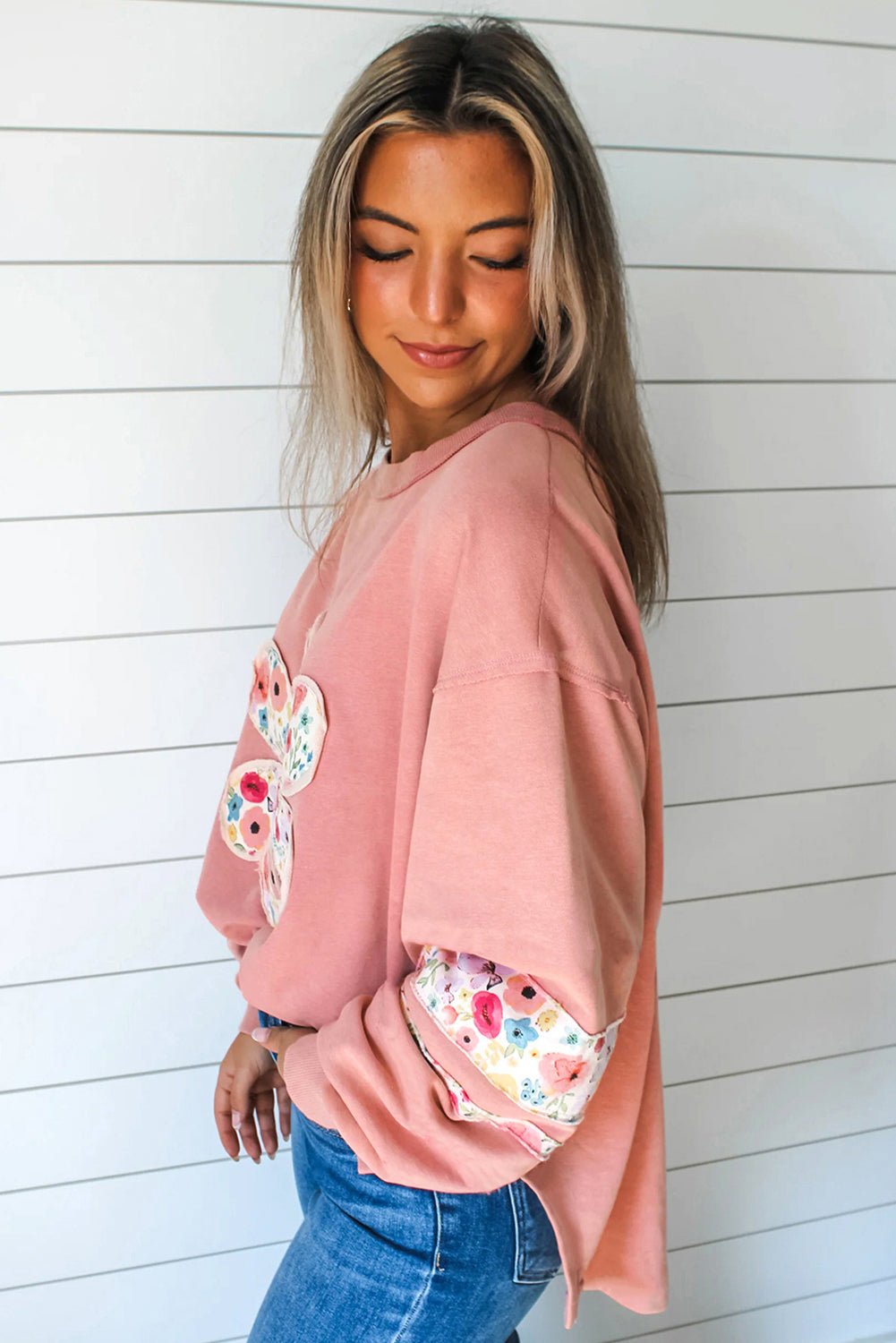 Peach Blossom Plus Size Floral Applique Drop Shoulder Sweatshirt - MAD RUFFI