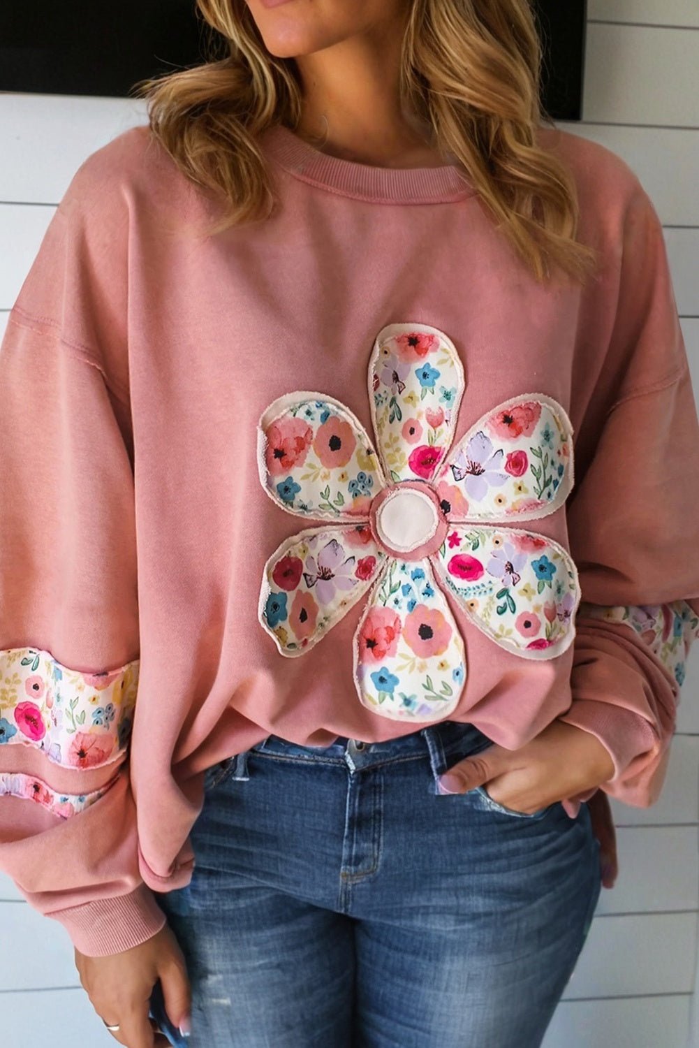 Peach Blossom Plus Size Floral Applique Drop Shoulder Sweatshirt - MAD RUFFI