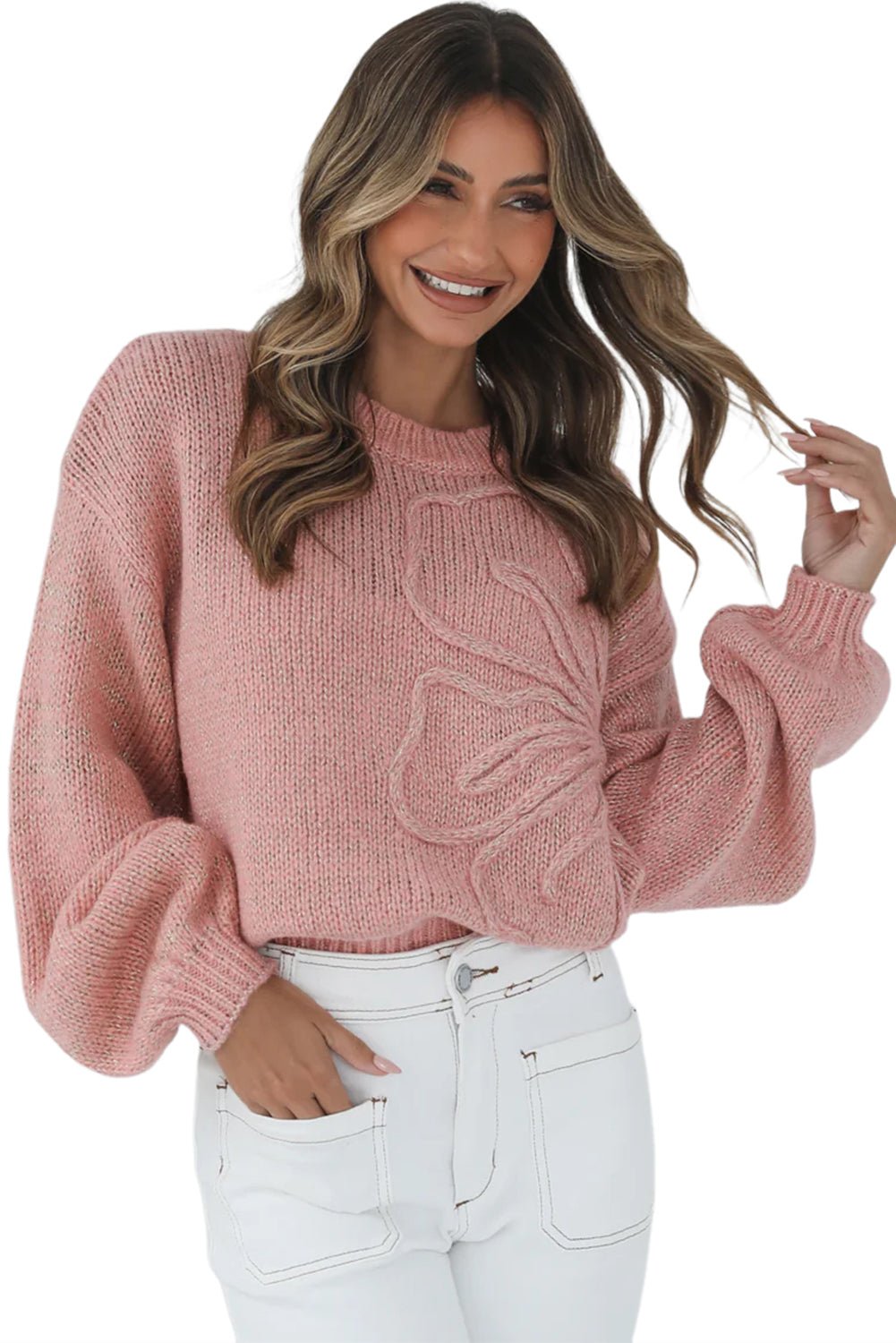 Peach Blossom Solid Color Big Flower Drop Shoulder Sweater - MAD RUFFI