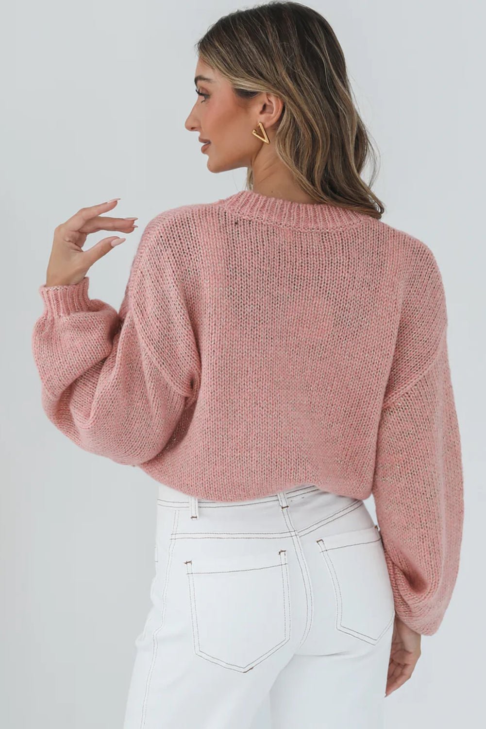 Peach Blossom Solid Color Big Flower Drop Shoulder Sweater - MAD RUFFI