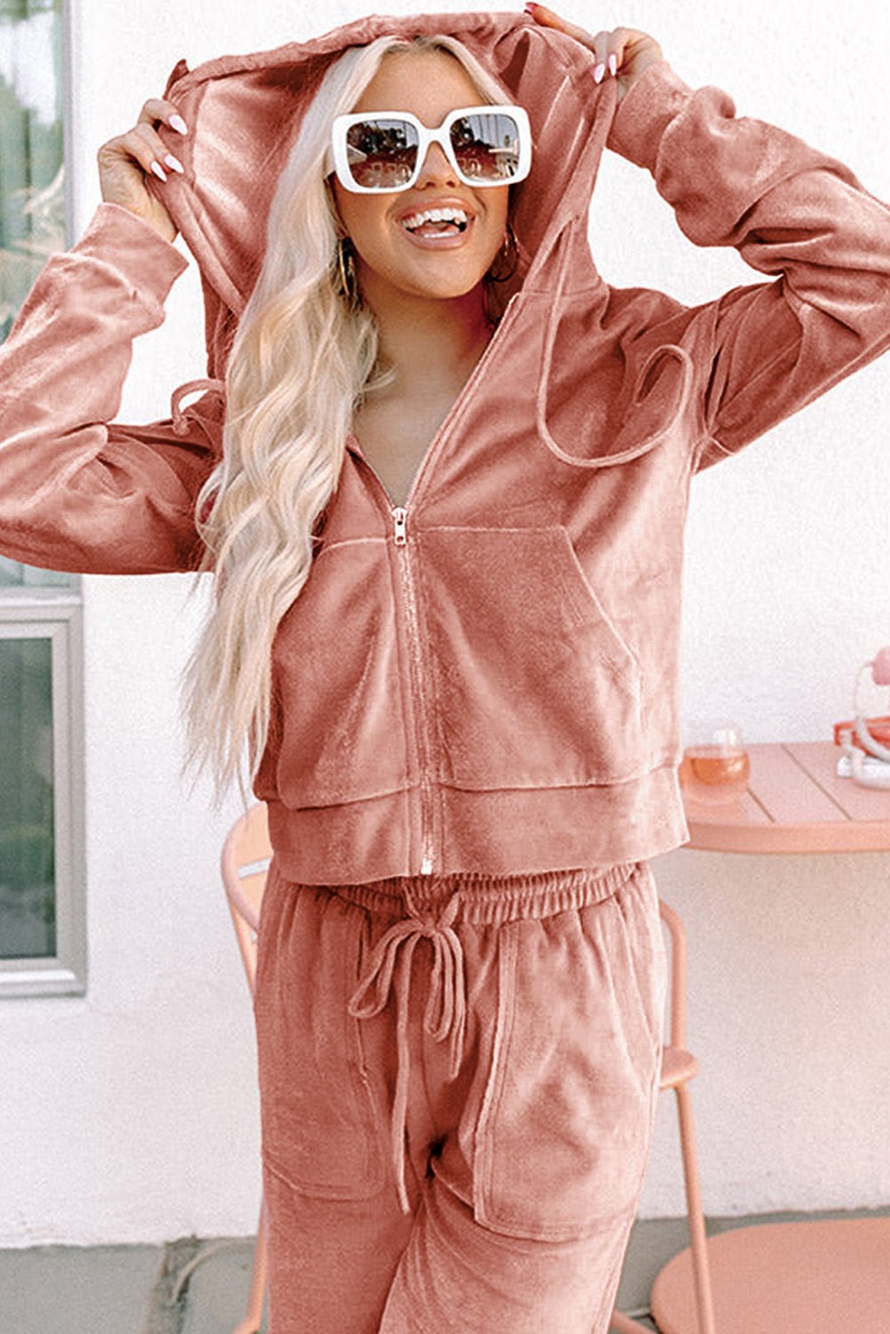 Peach Blossom Velvet Zip - up Hoodie and Wide Leg Pants Set - MAD RUFFI