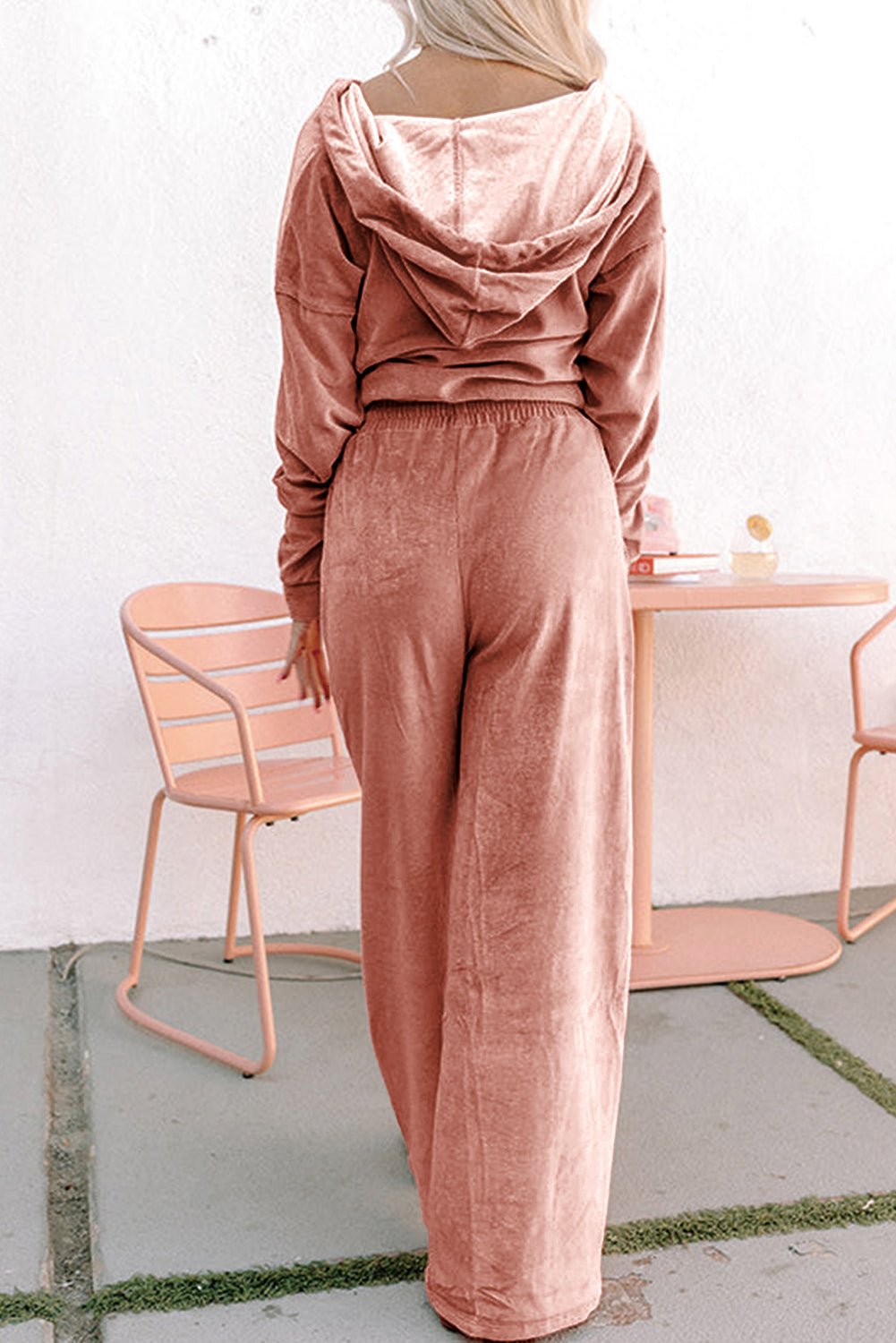 Peach Blossom Velvet Zip - up Hoodie and Wide Leg Pants Set - MAD RUFFI