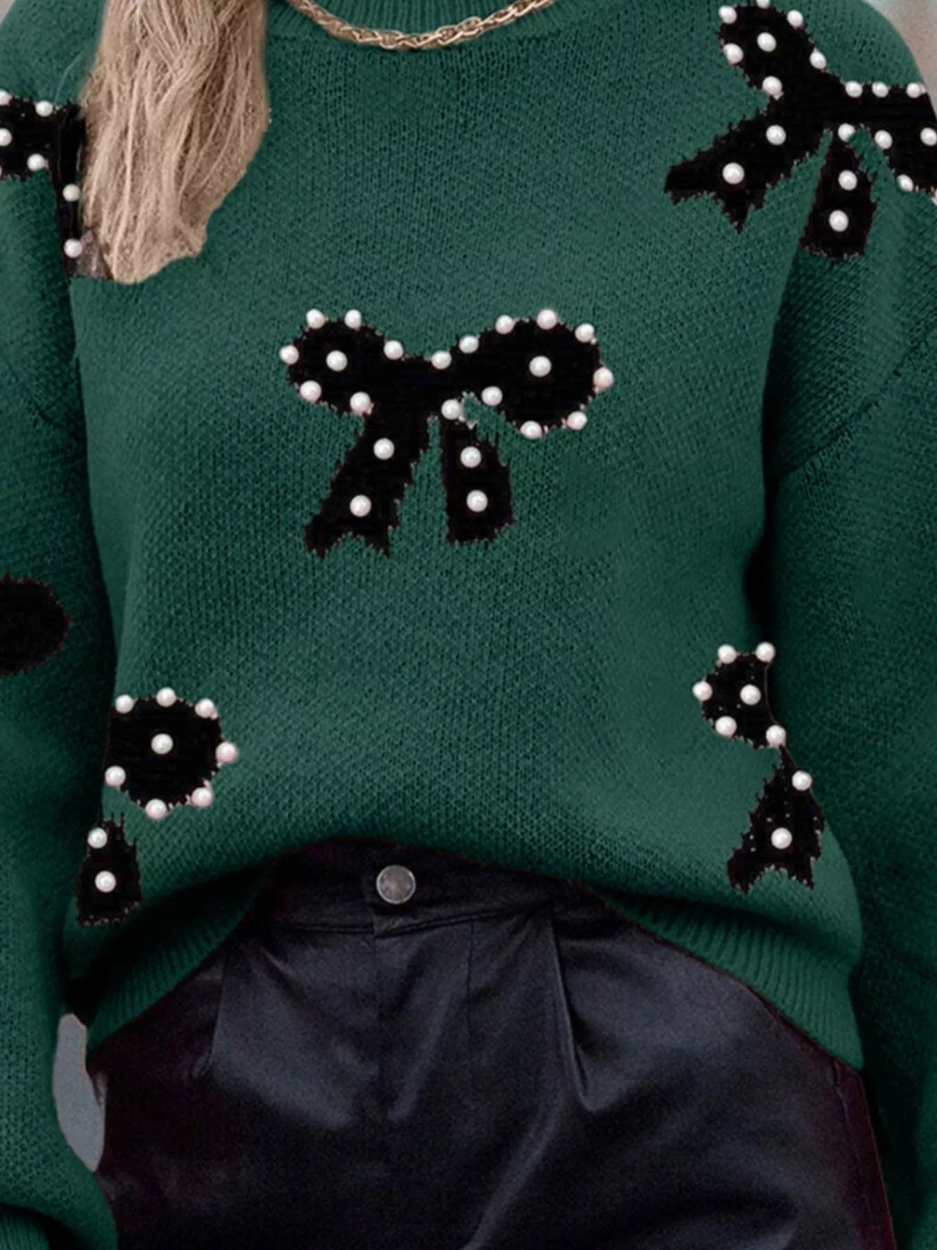 Pearl Bow - Embellished Long Sleeve Sweater - MAD RUFFI