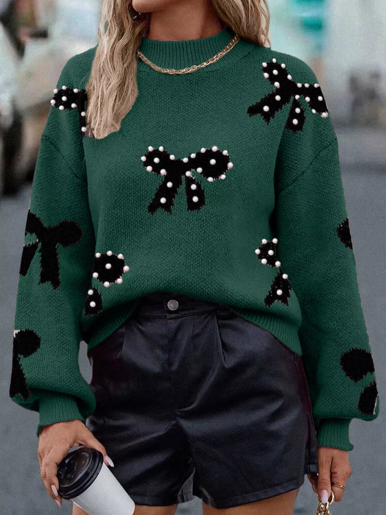 Pearl Bow - Embellished Long Sleeve Sweater - MAD RUFFI