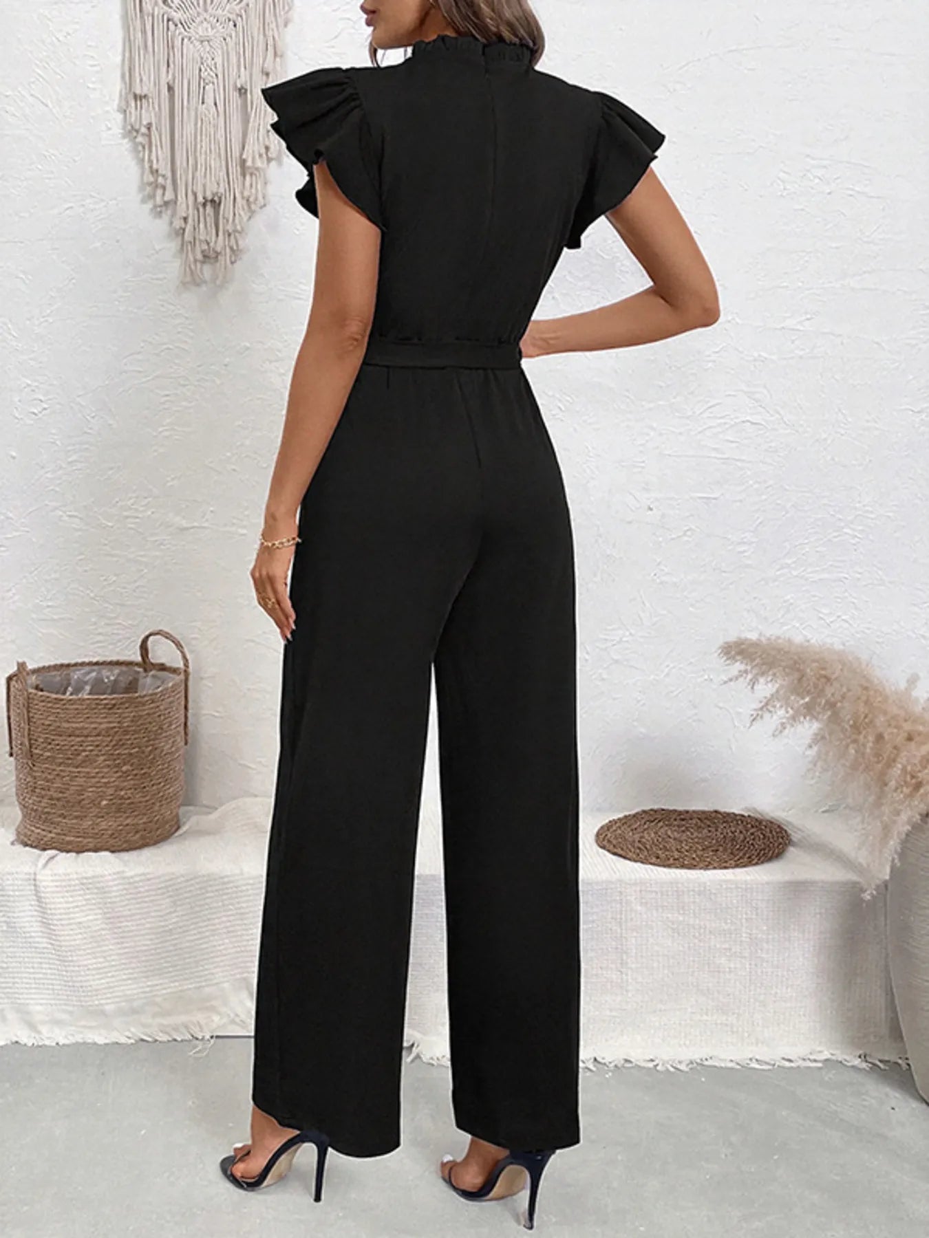 Pearl Detail Ruffled Cap Sleeve Jumpsuit - MAD RUFFI