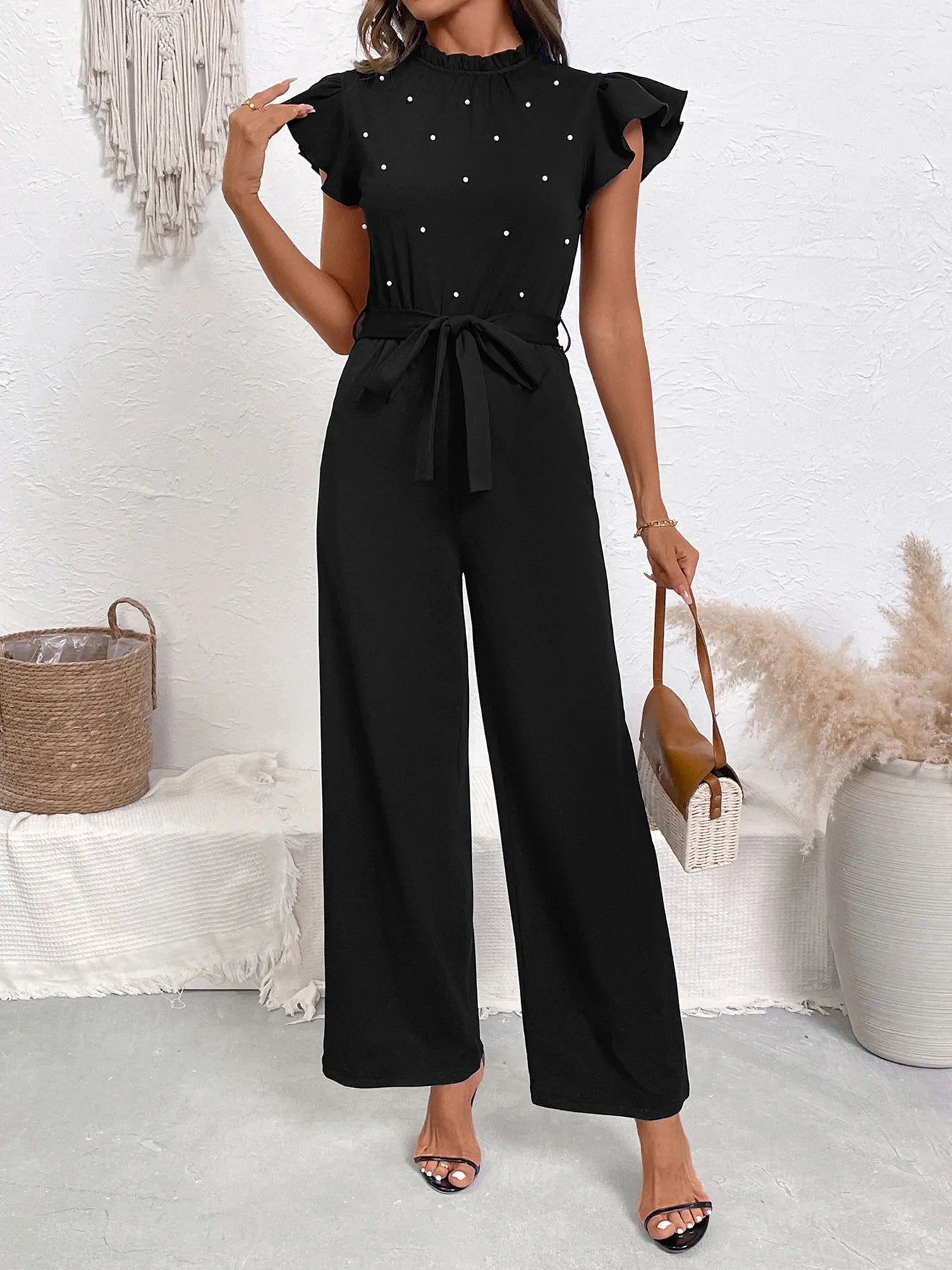 Pearl Detail Ruffled Cap Sleeve Jumpsuit - MAD RUFFI