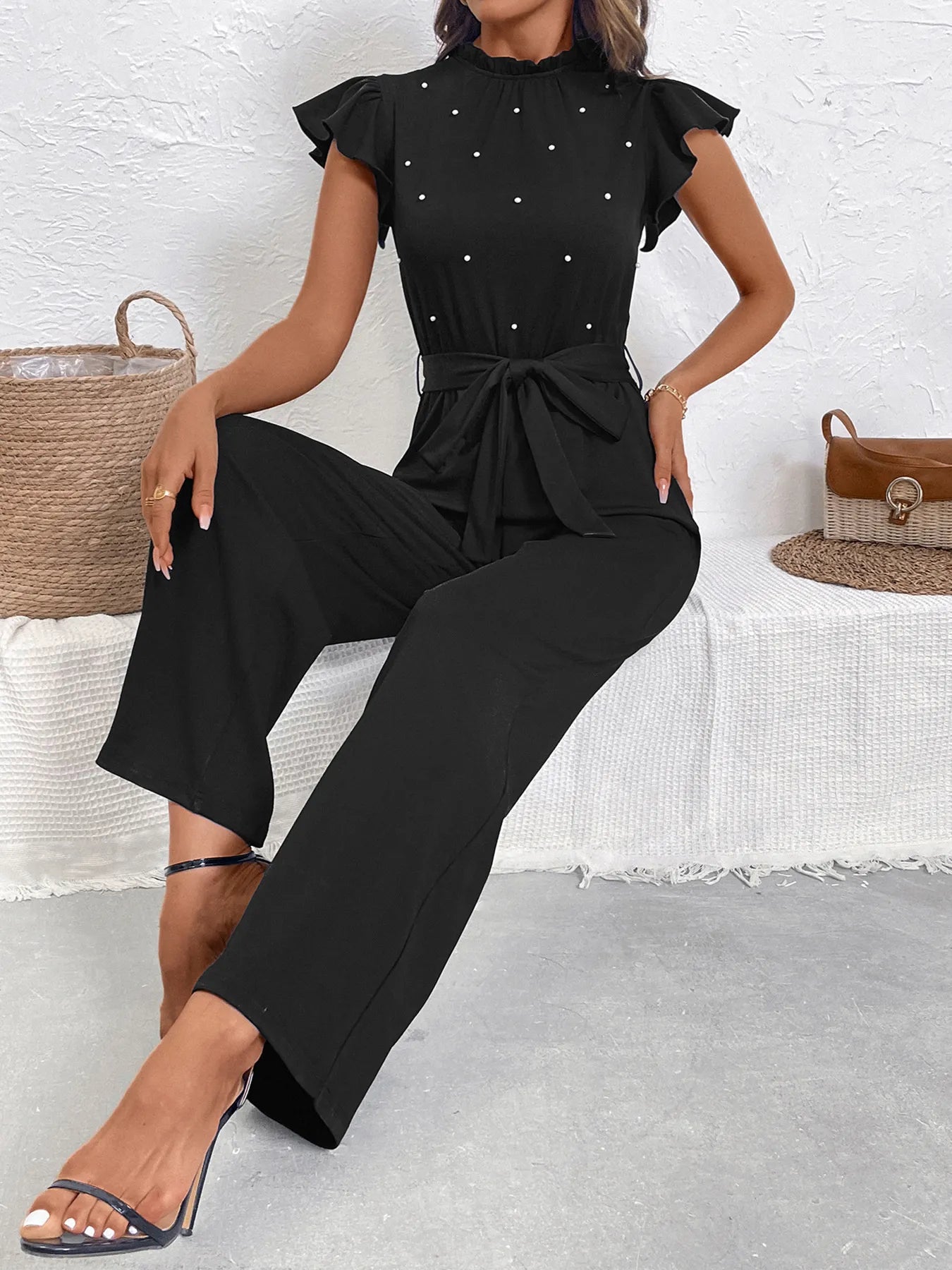 Pearl Detail Ruffled Cap Sleeve Jumpsuit - MAD RUFFI