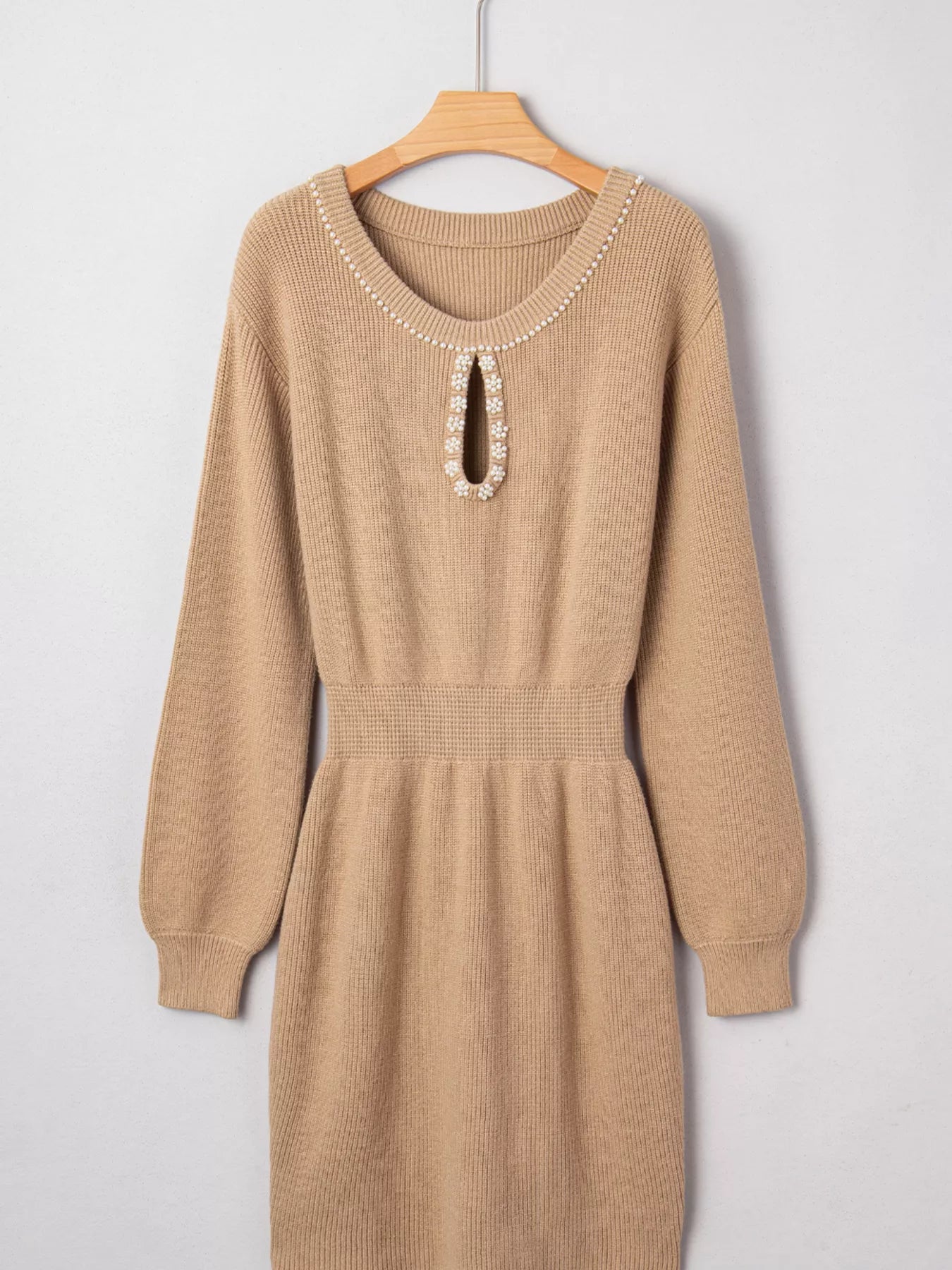 Pearl Embellished Keyhole Ribbed Sweater Dress - MAD RUFFI