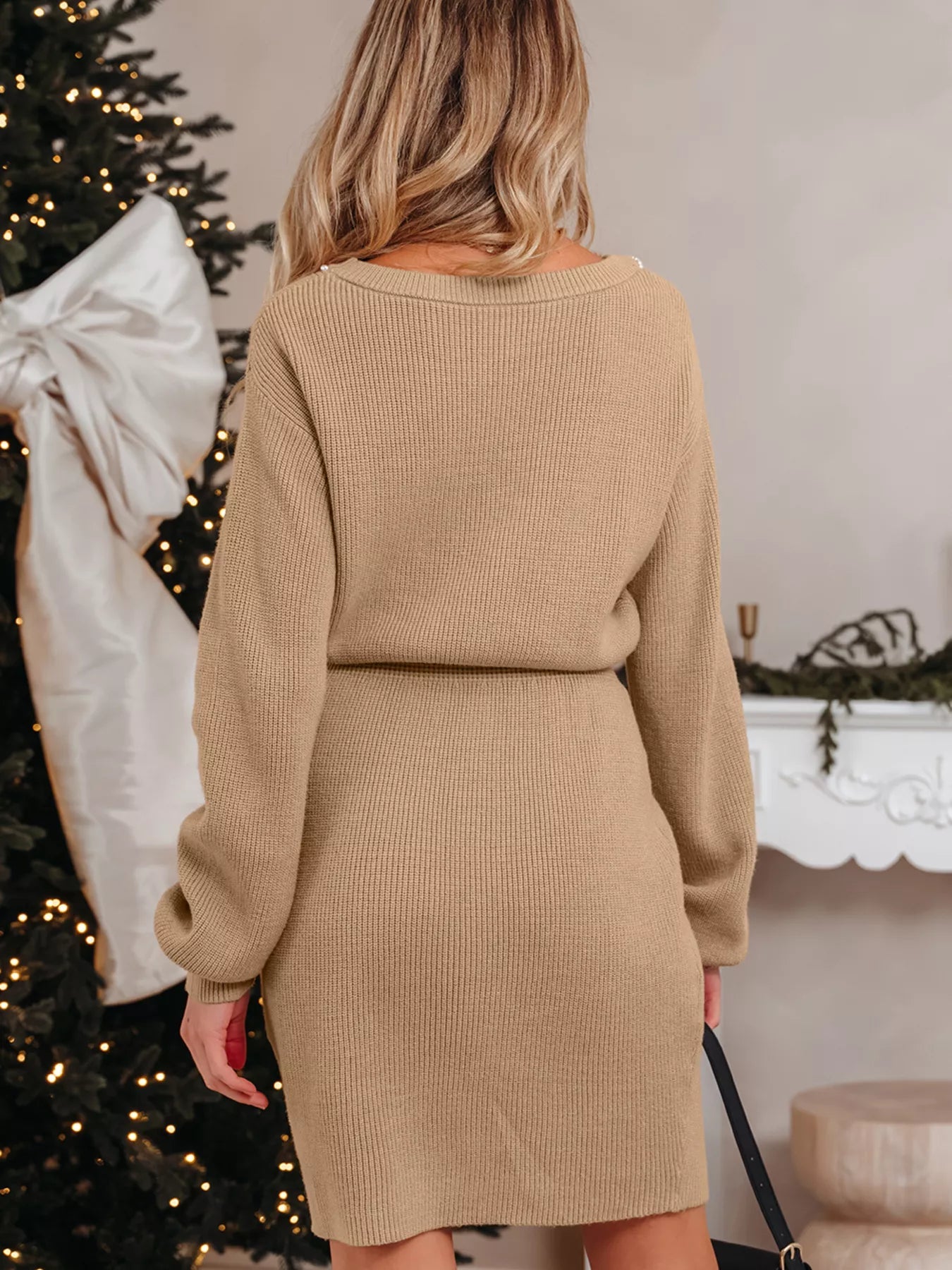 Pearl Embellished Keyhole Ribbed Sweater Dress - MAD RUFFI