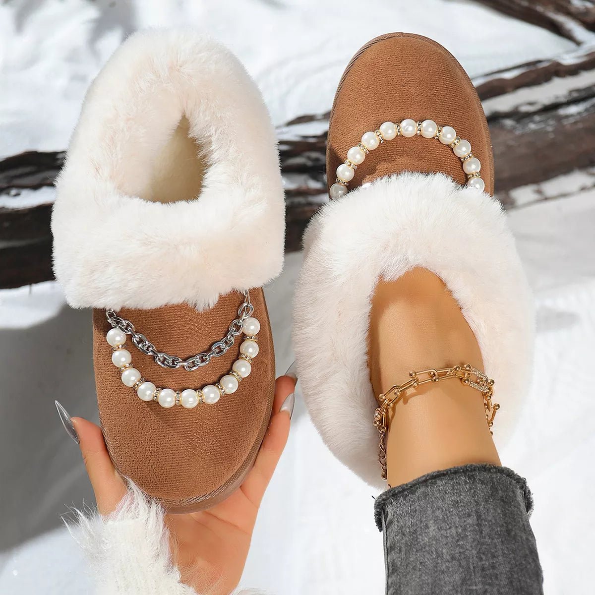 Pearl Embellished Luxury Fur Lined Winter Boots - MAD RUFFI