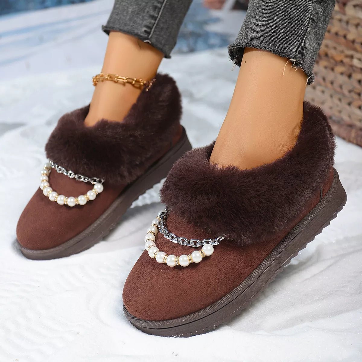 Pearl Embellished Luxury Fur Lined Winter Boots - MAD RUFFI