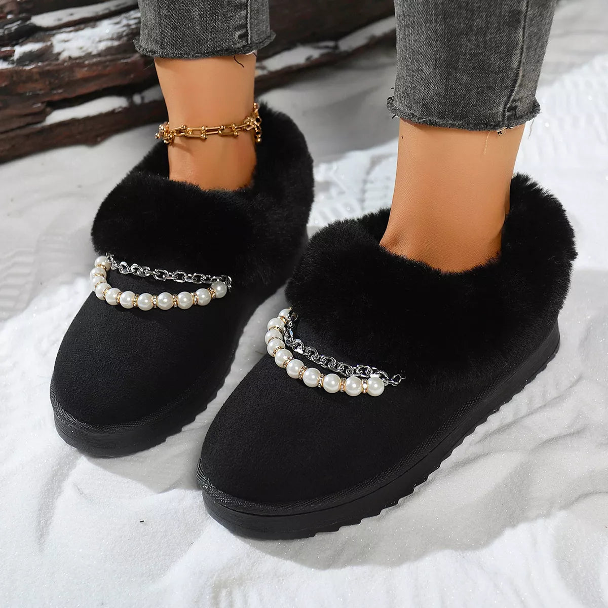 Pearl Embellished Luxury Fur Lined Winter Boots - MAD RUFFI