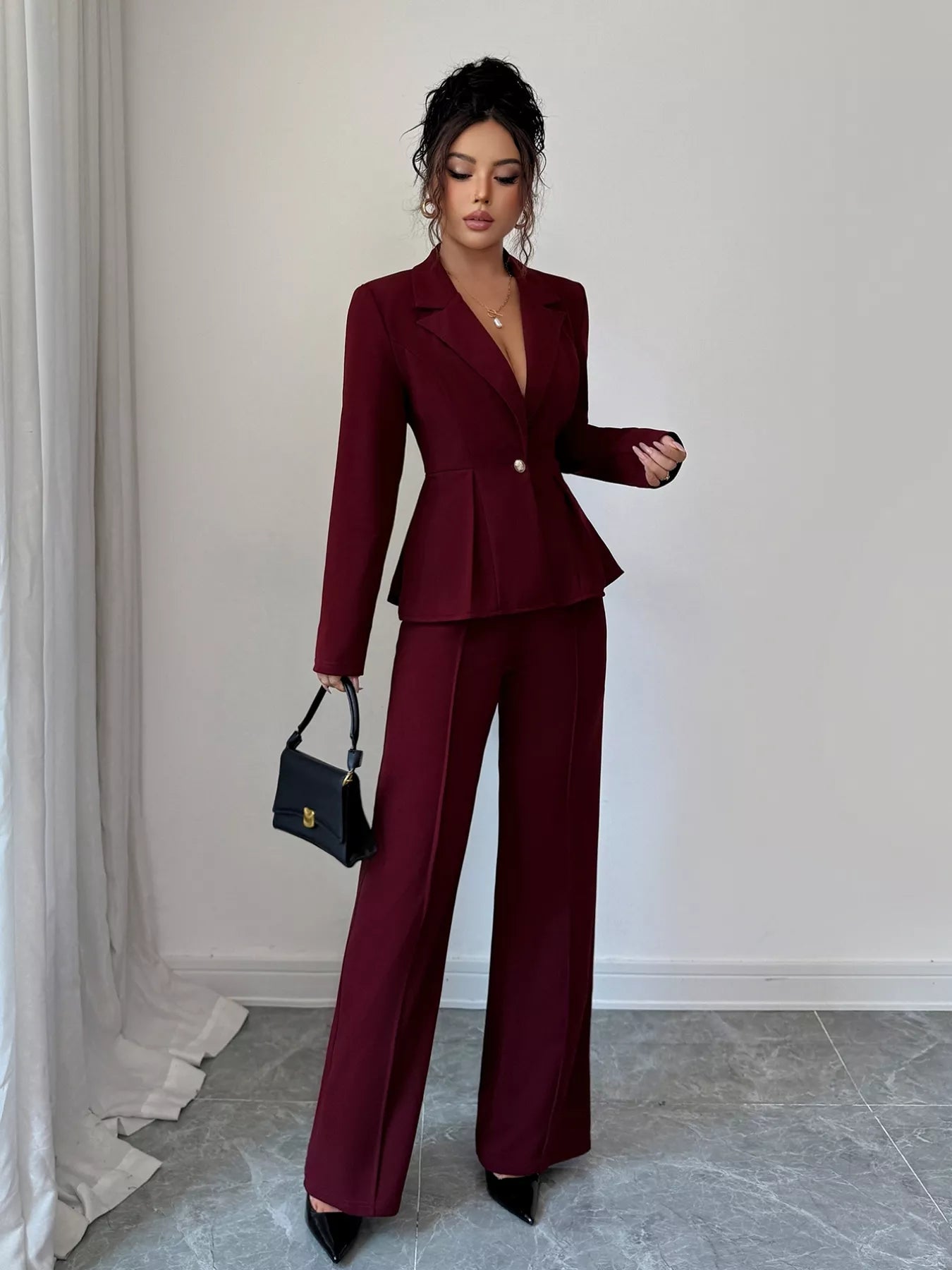 Peplum Blazer & Wide Leg Pants Set - MAD RUFFI