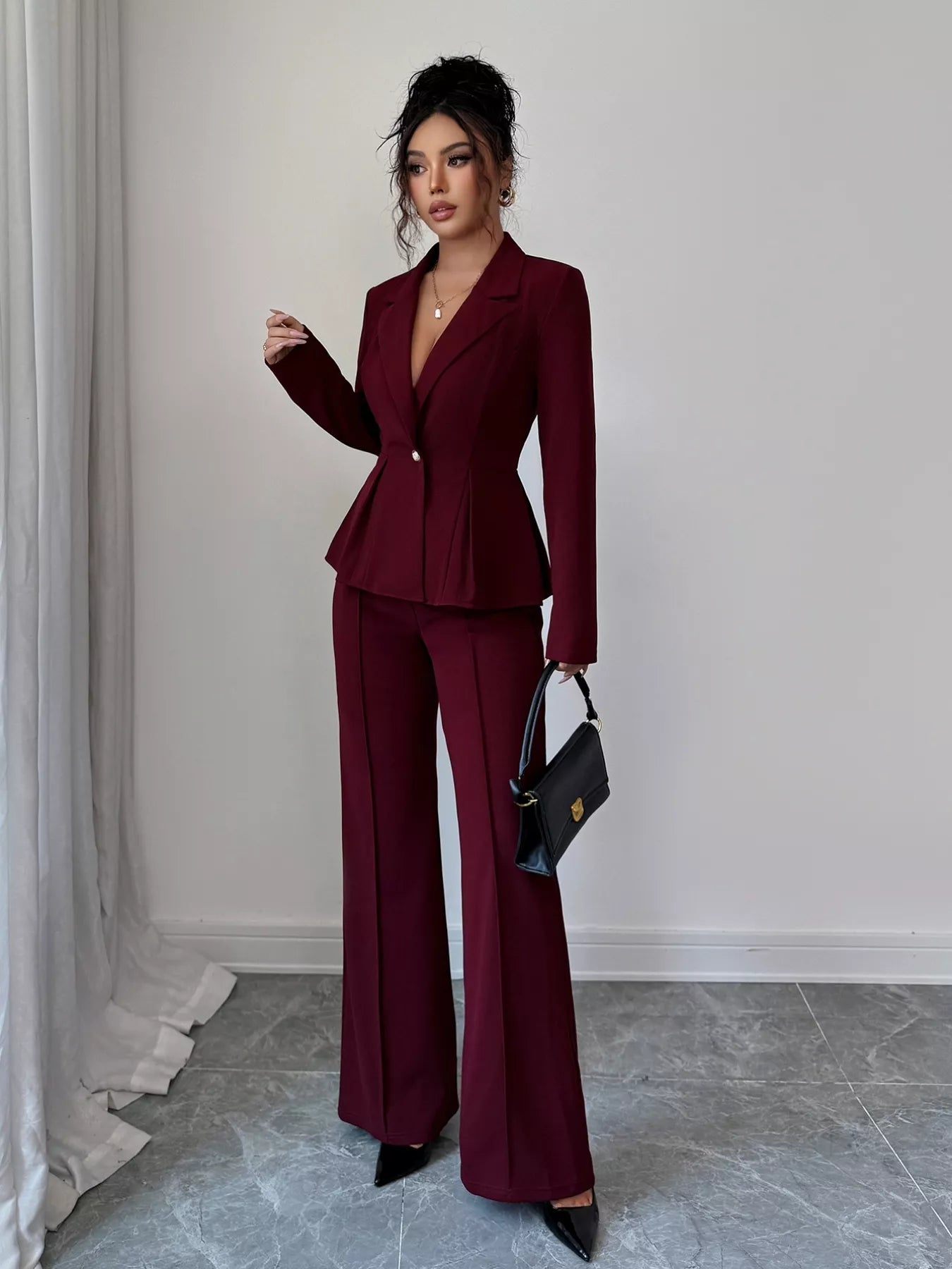 Peplum Blazer & Wide Leg Pants Set - MAD RUFFI