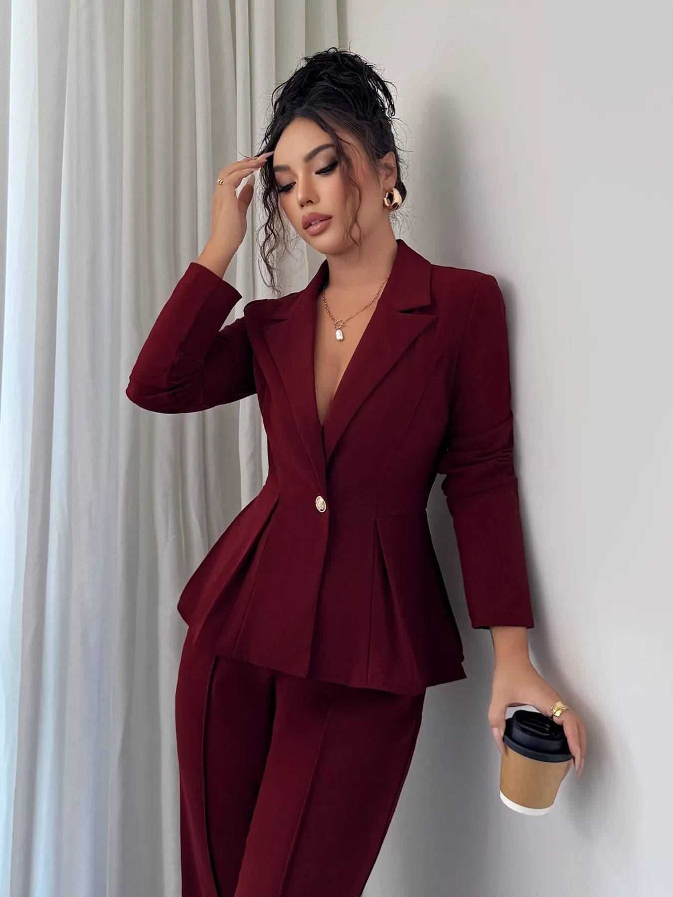 Peplum Blazer & Wide Leg Pants Set - MAD RUFFI
