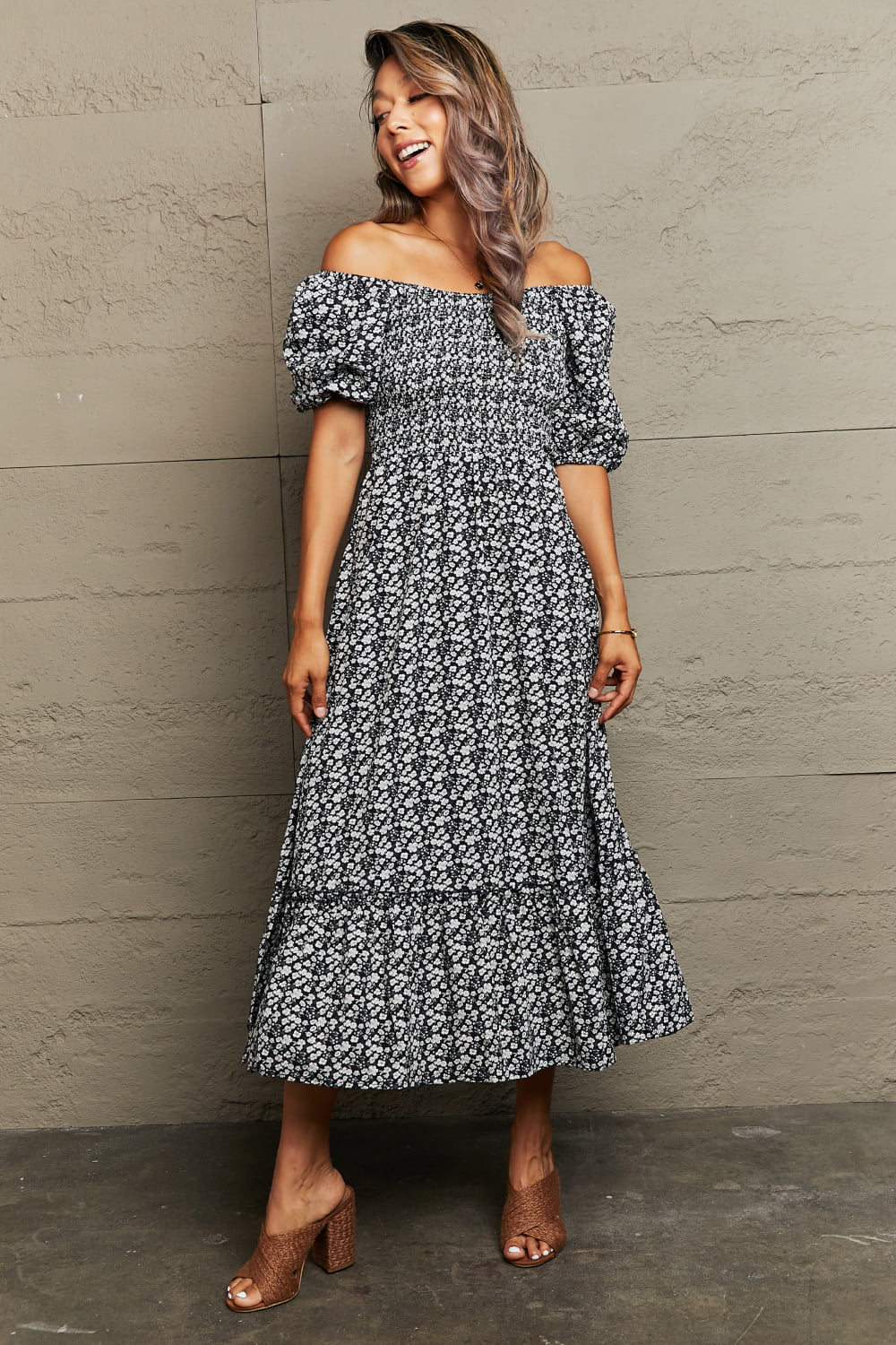 Perfee Floral Lace - Up Off - Shoulder Midi Dress - MAD RUFFI