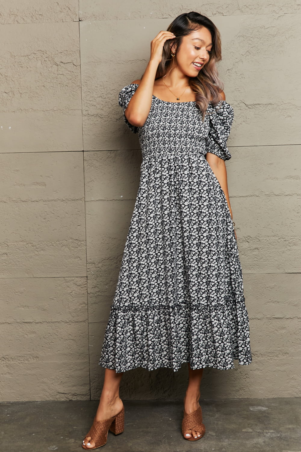 Perfee Floral Lace - Up Off - Shoulder Midi Dress - MAD RUFFI