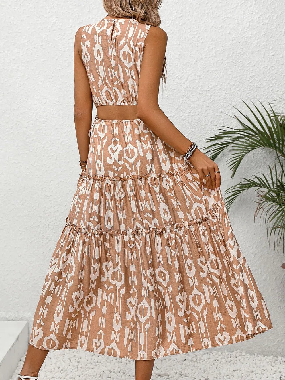 Perfee Frill Cutout Printed Round Neck Sleeveless Dress - MAD RUFFI