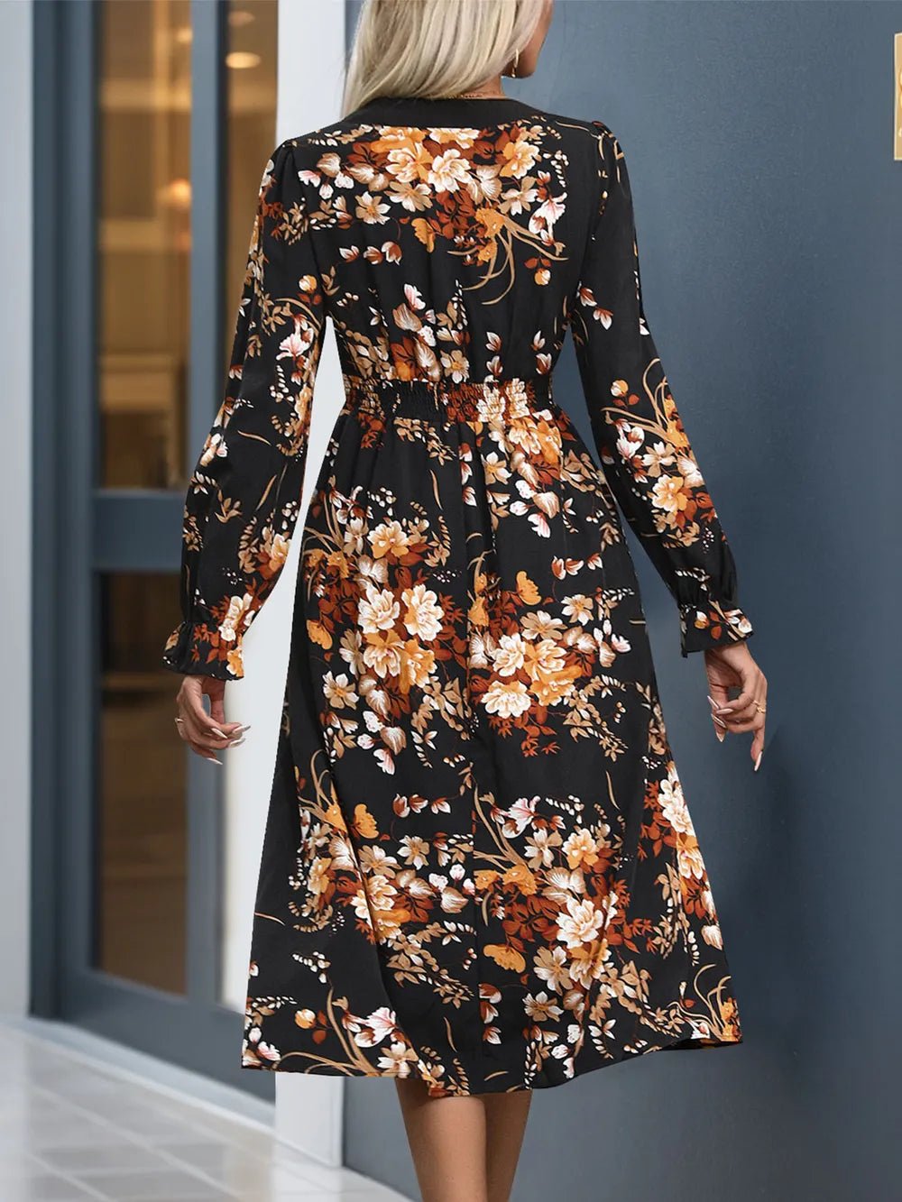 Perfee Printed Notched Long Sleeve Midi Dress - MAD RUFFI