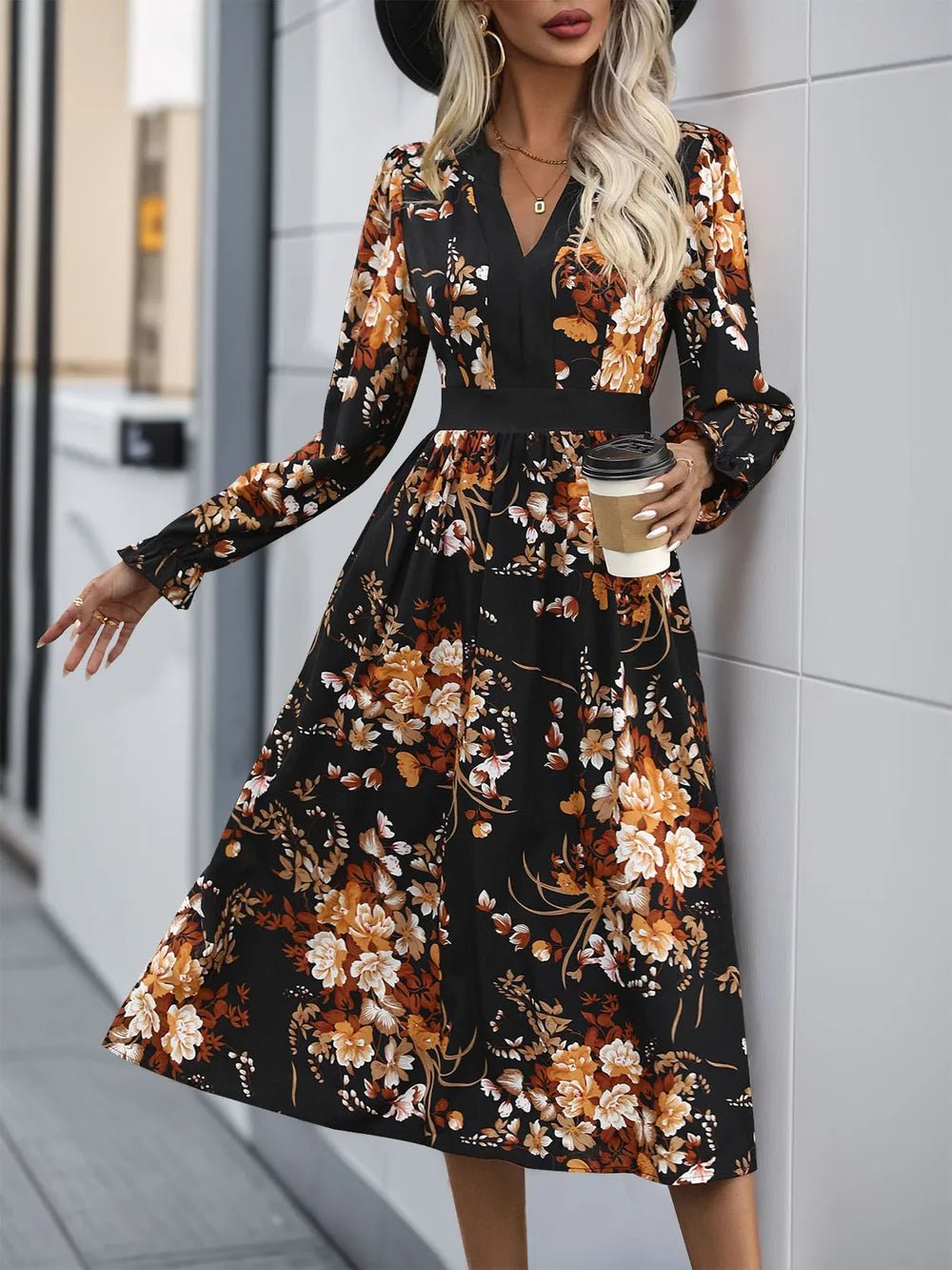 Perfee Printed Notched Long Sleeve Midi Dress - MAD RUFFI