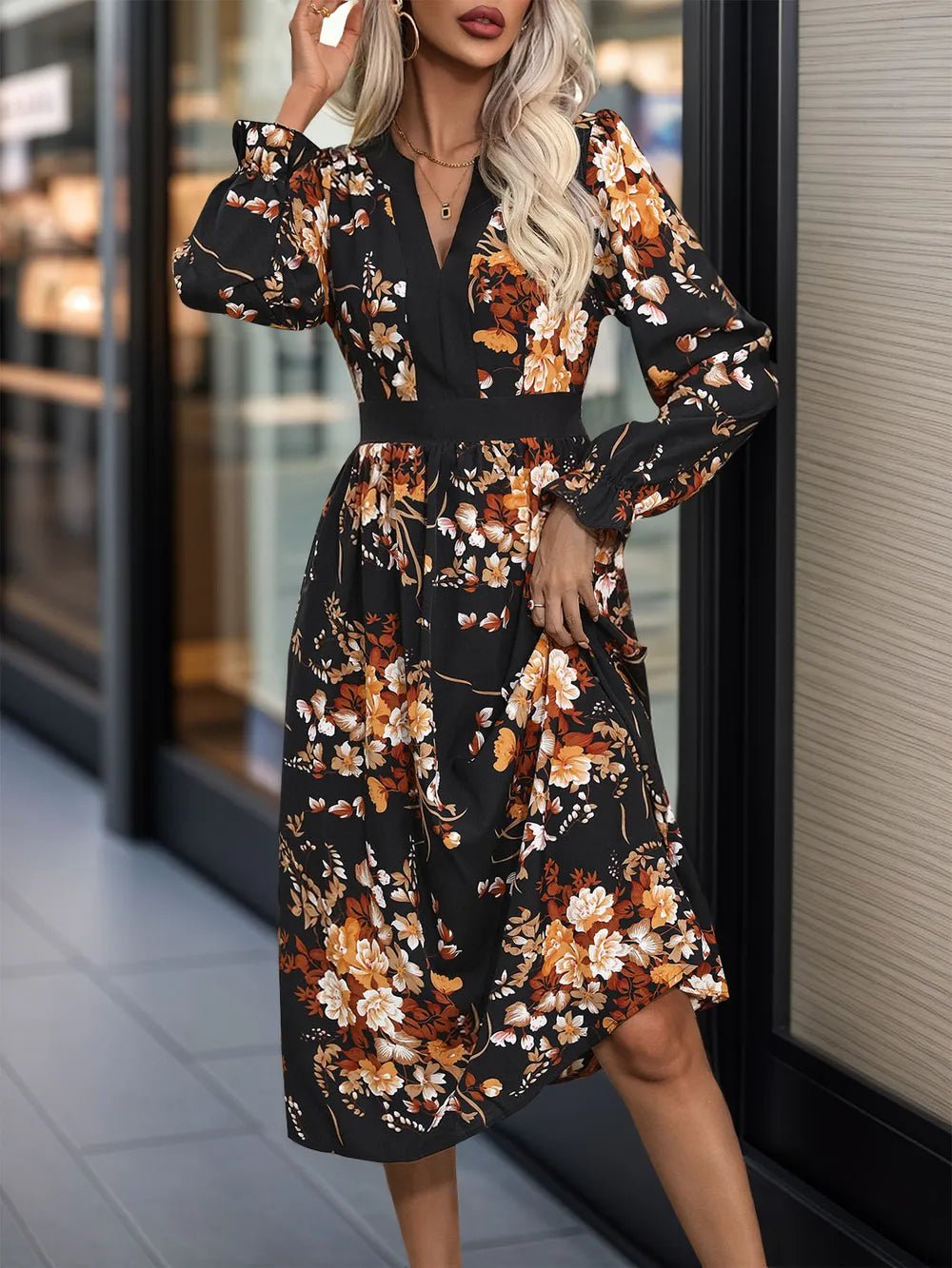 Perfee Printed Notched Long Sleeve Midi Dress - MAD RUFFI
