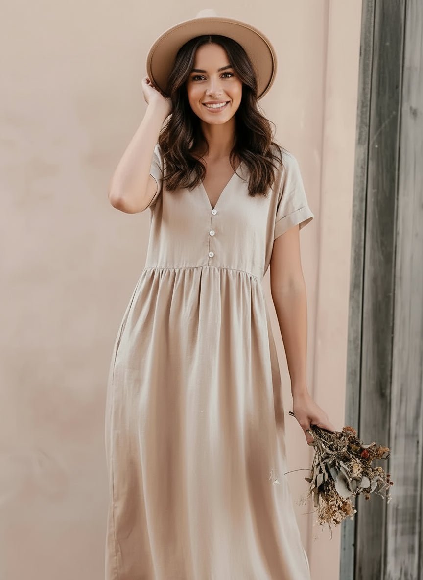 Perfee V - Neck Short Sleeve Midi Dress - MAD RUFFI