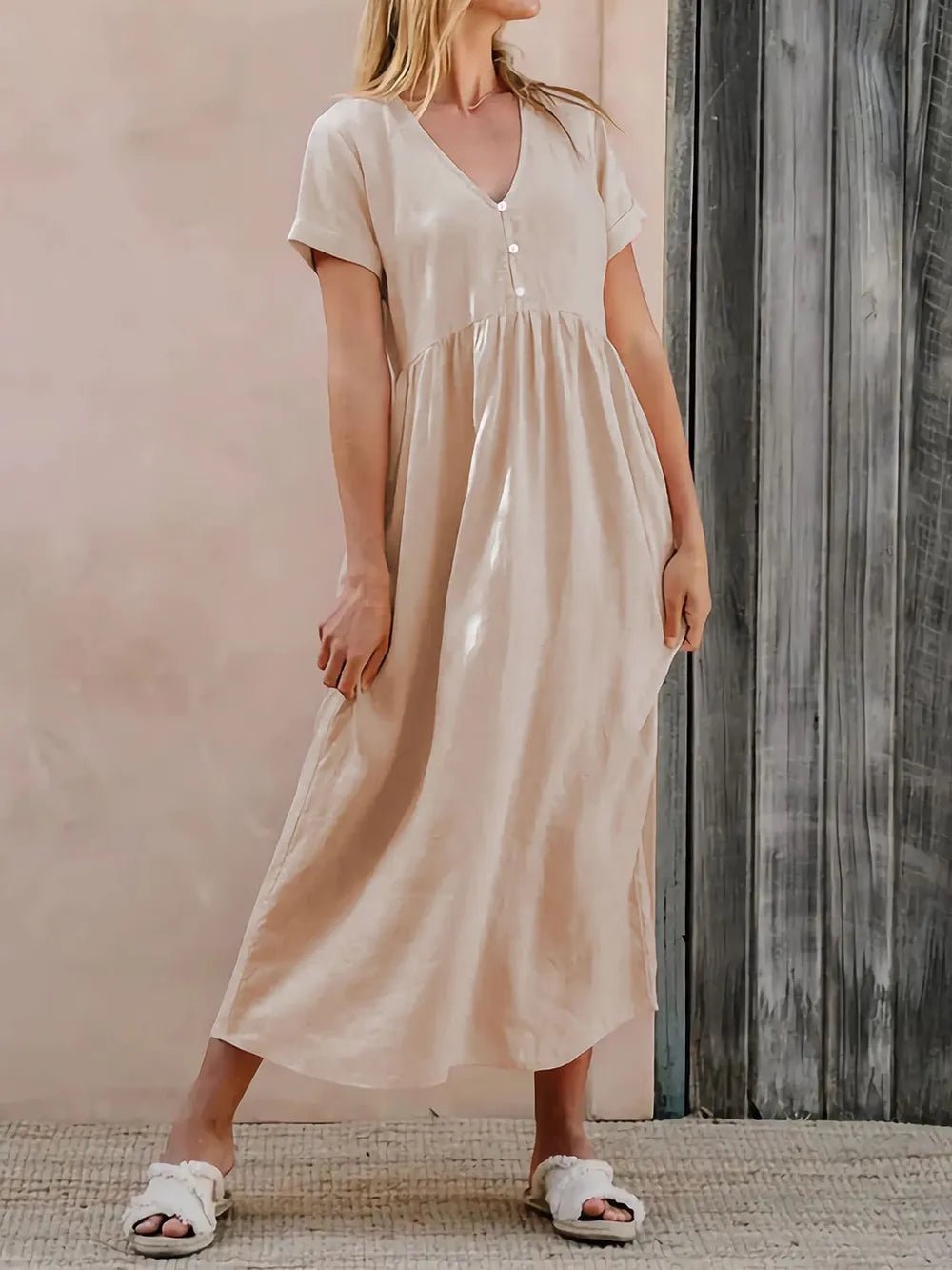 Perfee V - Neck Short Sleeve Midi Dress - MAD RUFFI
