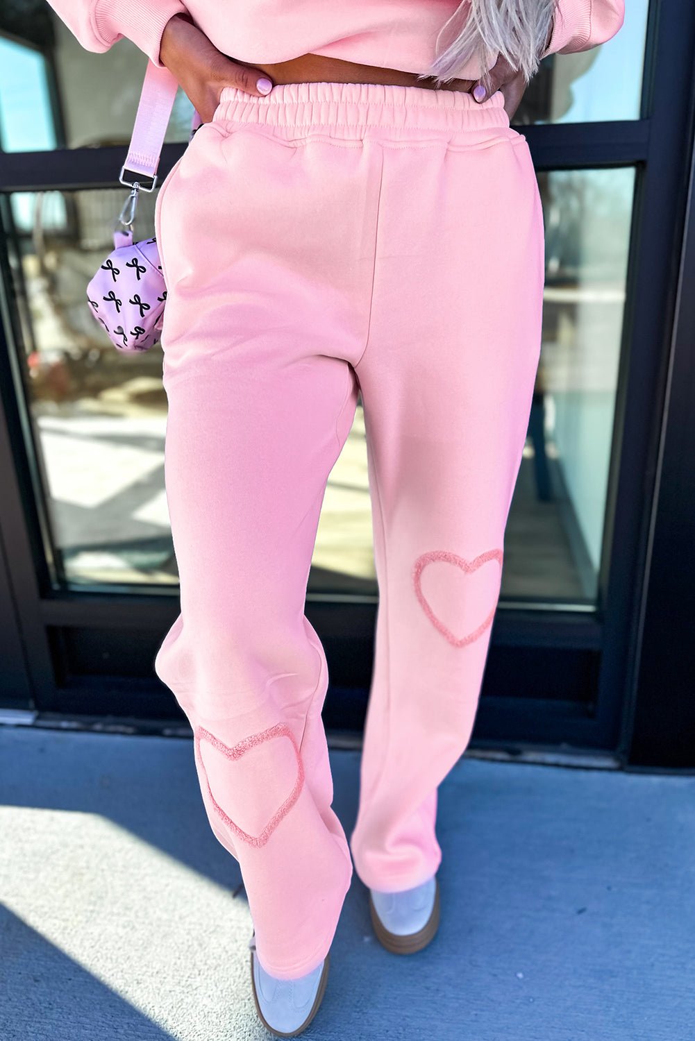 Phalaenopsis Chenille Heart Pattern Casual Pants Set - MAD RUFFI