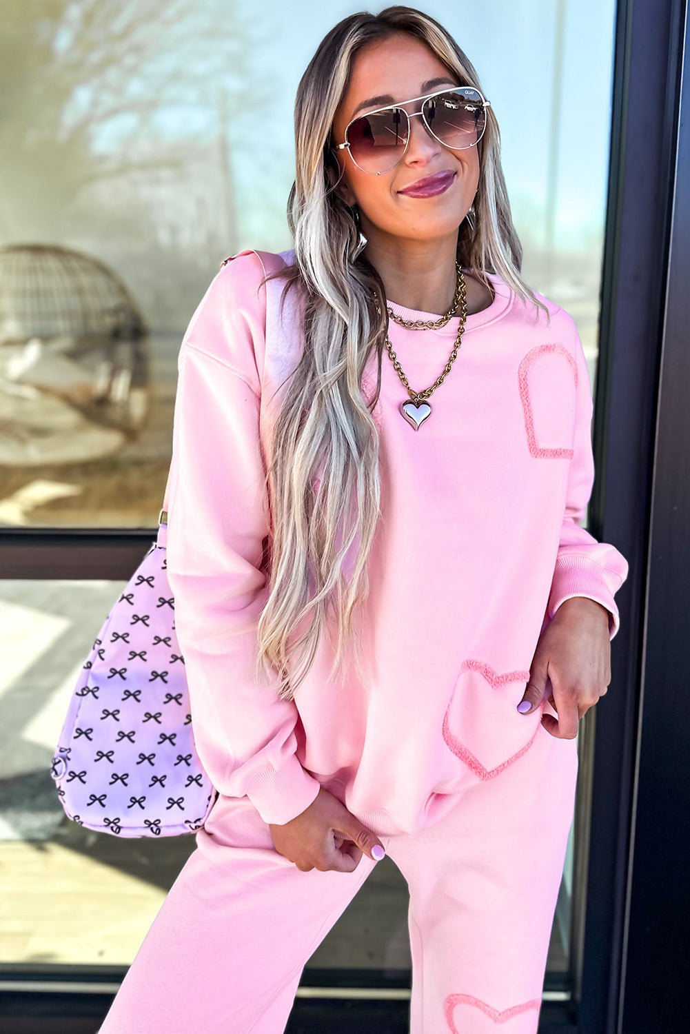 Phalaenopsis Chenille Heart Pattern Casual Pants Set - MAD RUFFI