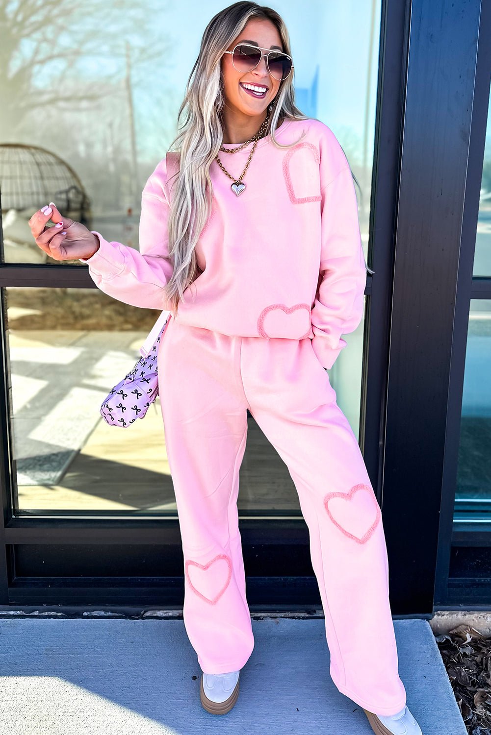 Phalaenopsis Chenille Heart Pattern Casual Pants Set - MAD RUFFI