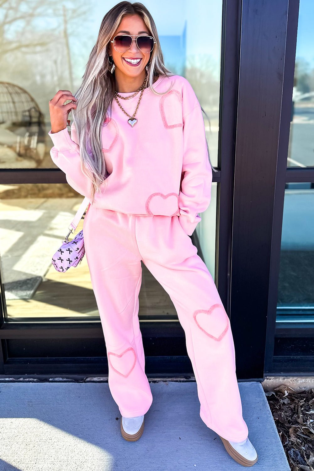 Phalaenopsis Chenille Heart Pattern Casual Pants Set - MAD RUFFI