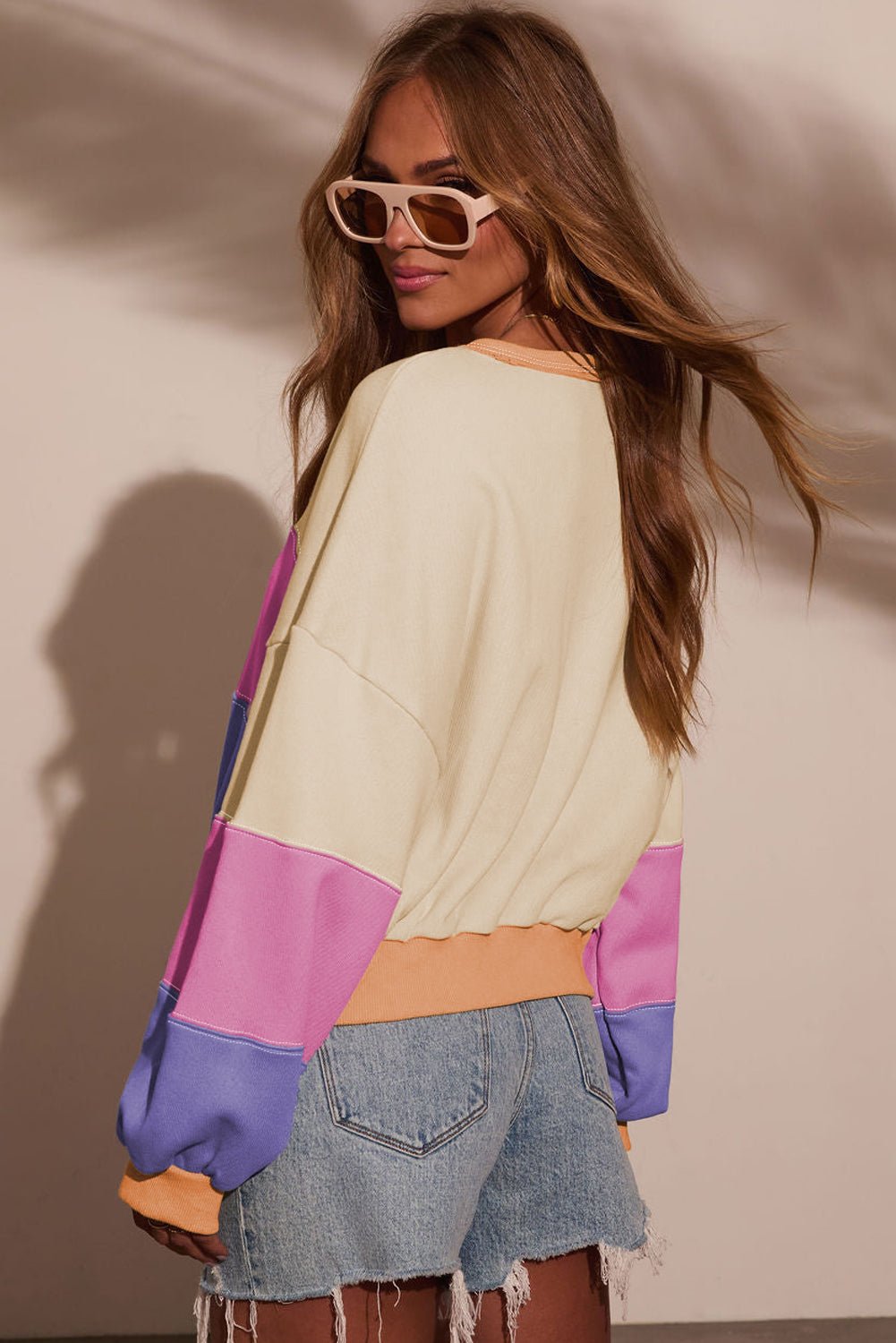 Phalaenopsis Color Block Patchwork Drop Shoulder Cropped Sweatshirt - MAD RUFFI