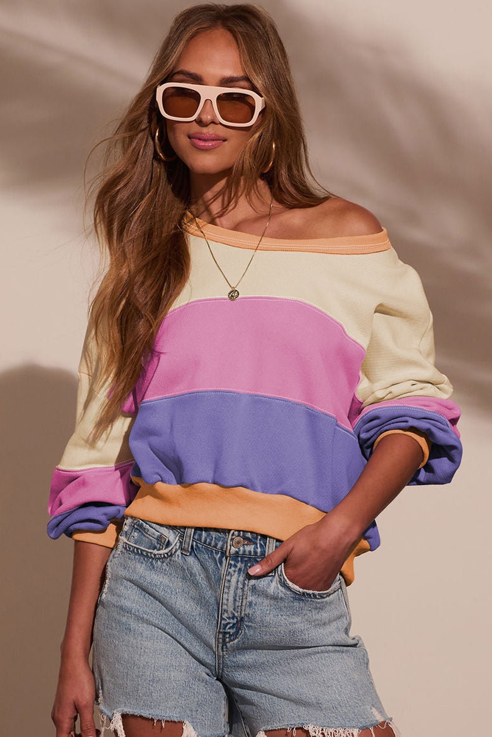 Phalaenopsis Color Block Patchwork Drop Shoulder Cropped Sweatshirt - MAD RUFFI