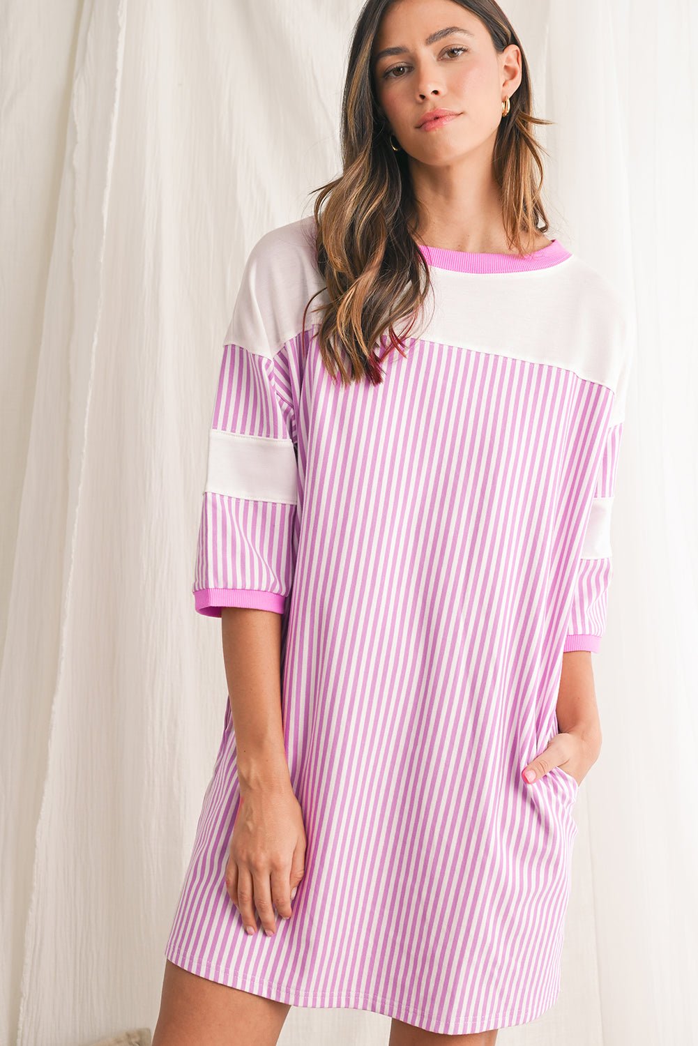 Phalaenopsis Striped Patchwork Loose Mini Dress - MAD RUFFI