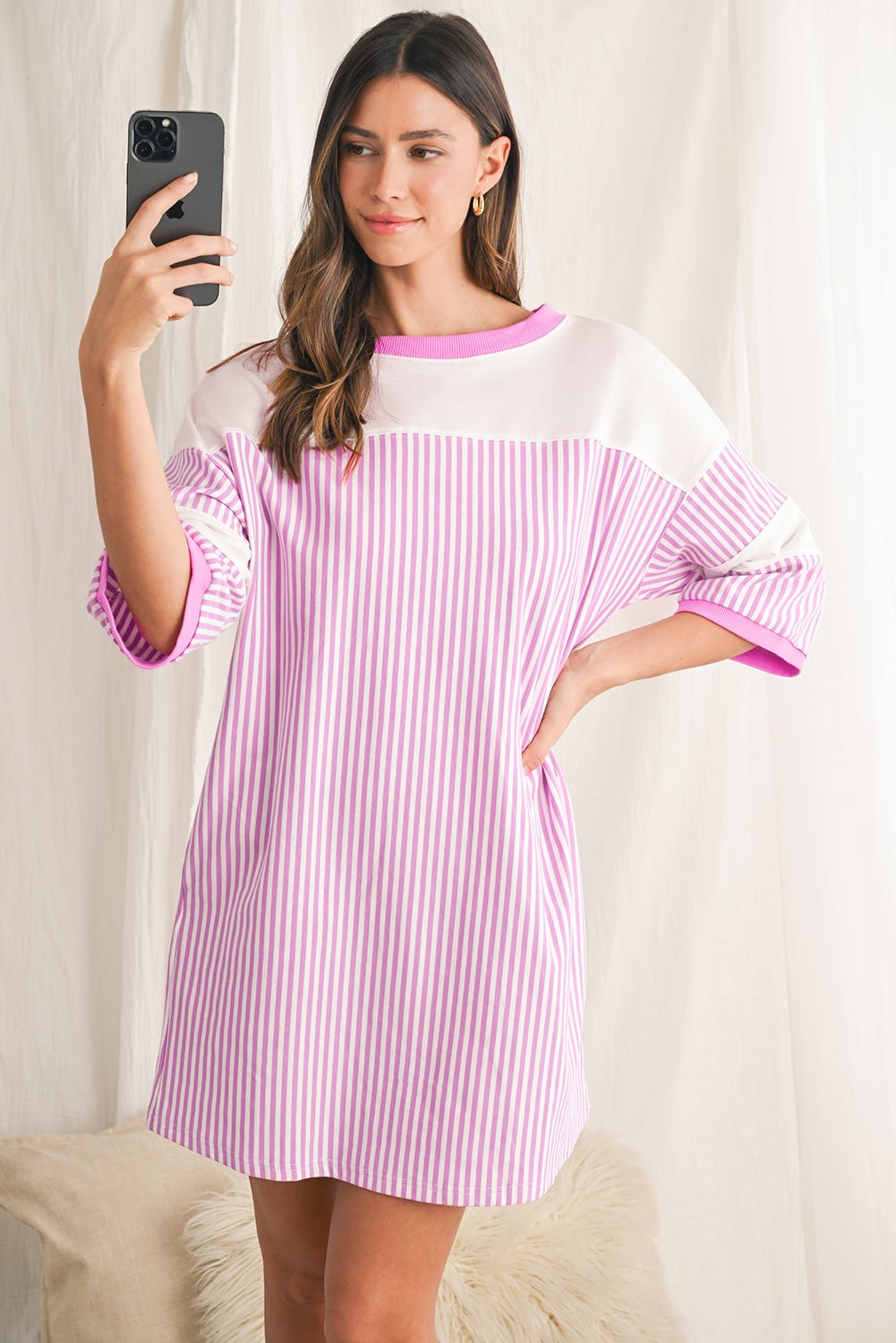 Phalaenopsis Striped Patchwork Loose Mini Dress - MAD RUFFI
