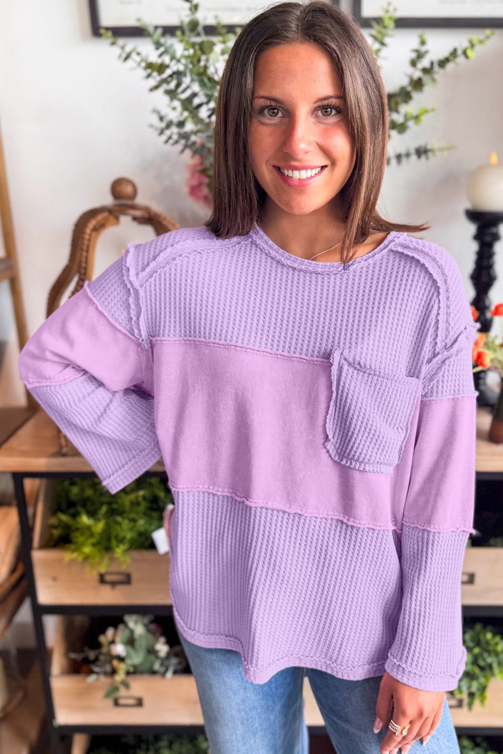 Phalaenopsis Thermal Waffle Knit Patchwork Long Sleeve Top - MAD RUFFI