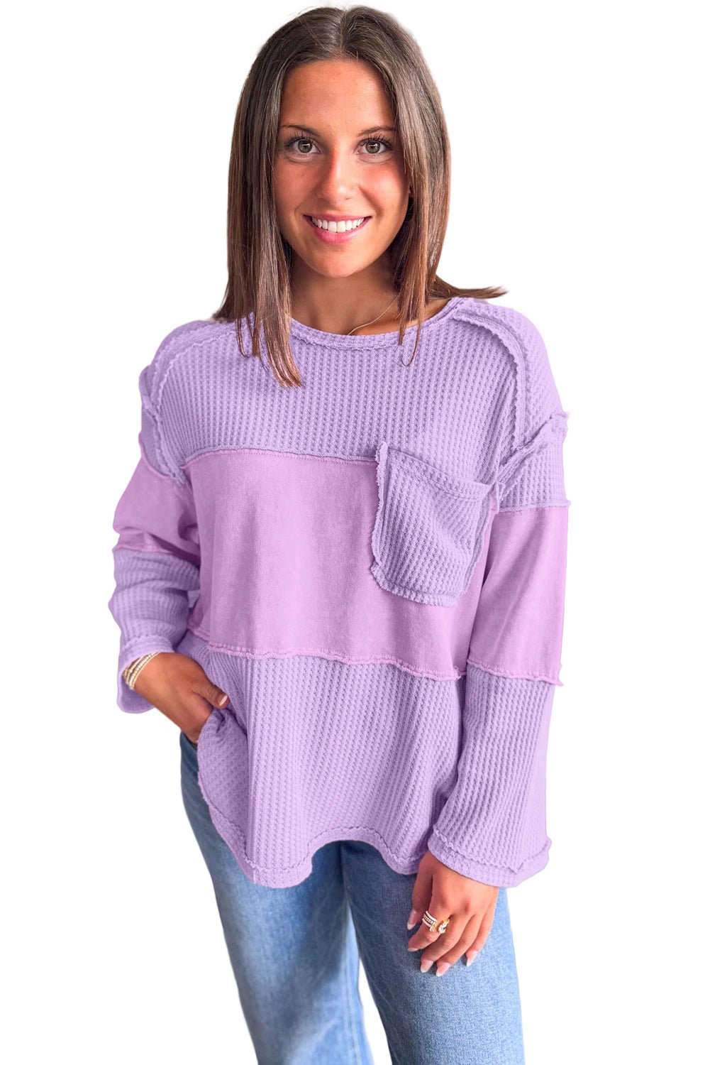 Phalaenopsis Thermal Waffle Knit Patchwork Long Sleeve Top - MAD RUFFI