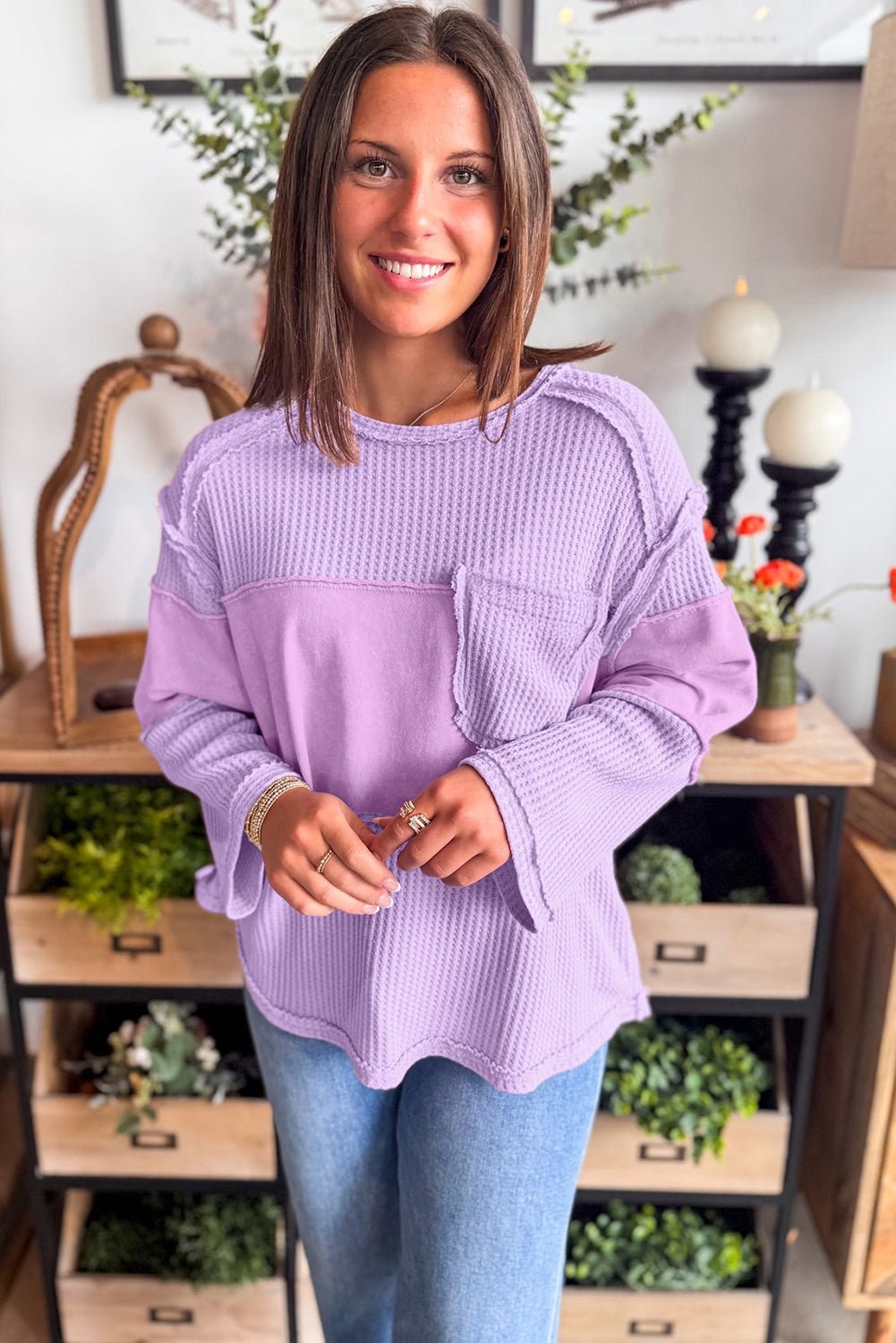 Phalaenopsis Thermal Waffle Knit Patchwork Long Sleeve Top - MAD RUFFI