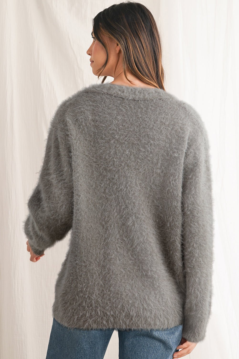 Philippine Gray Fluffy V - neck Button Sweater Cardigan - MAD RUFFI