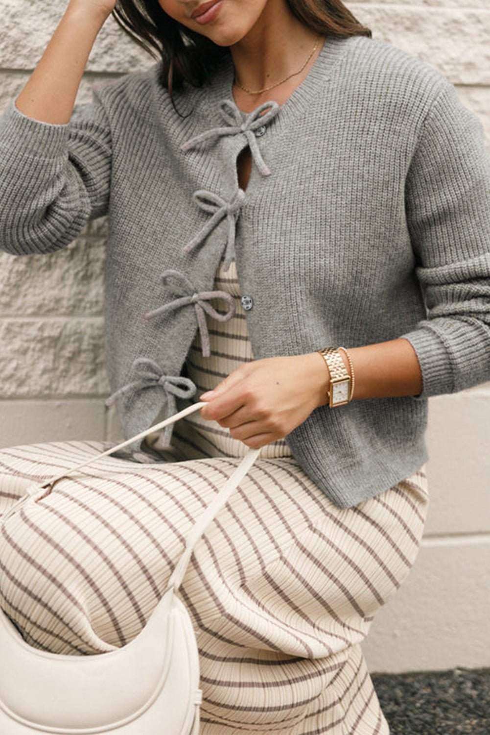 Philippine Gray Sweet Bow Front Cropped Knit Cardigan - MAD RUFFI