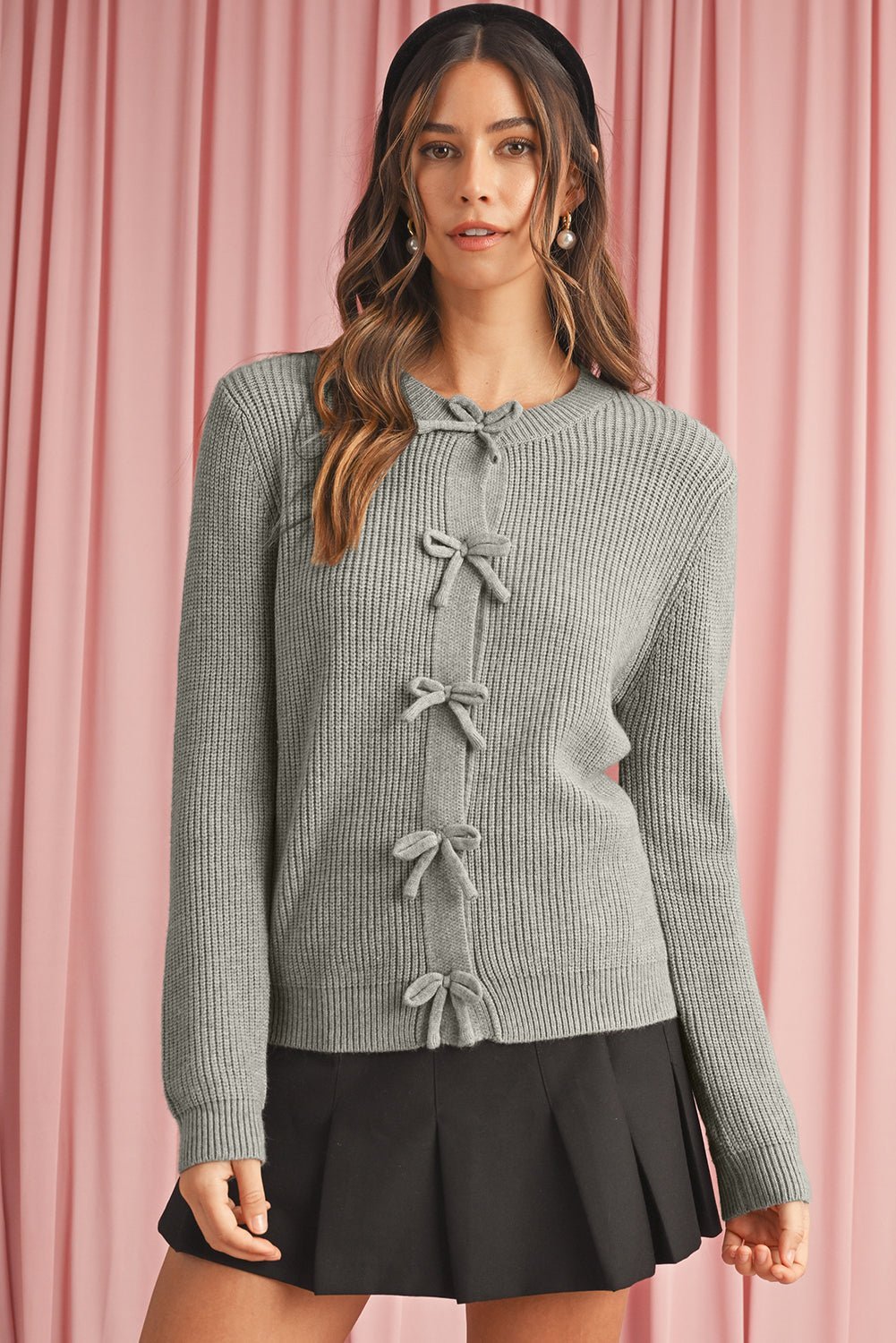 Philippine Gray Sweet Bow Front Cropped Knit Cardigan - MAD RUFFI