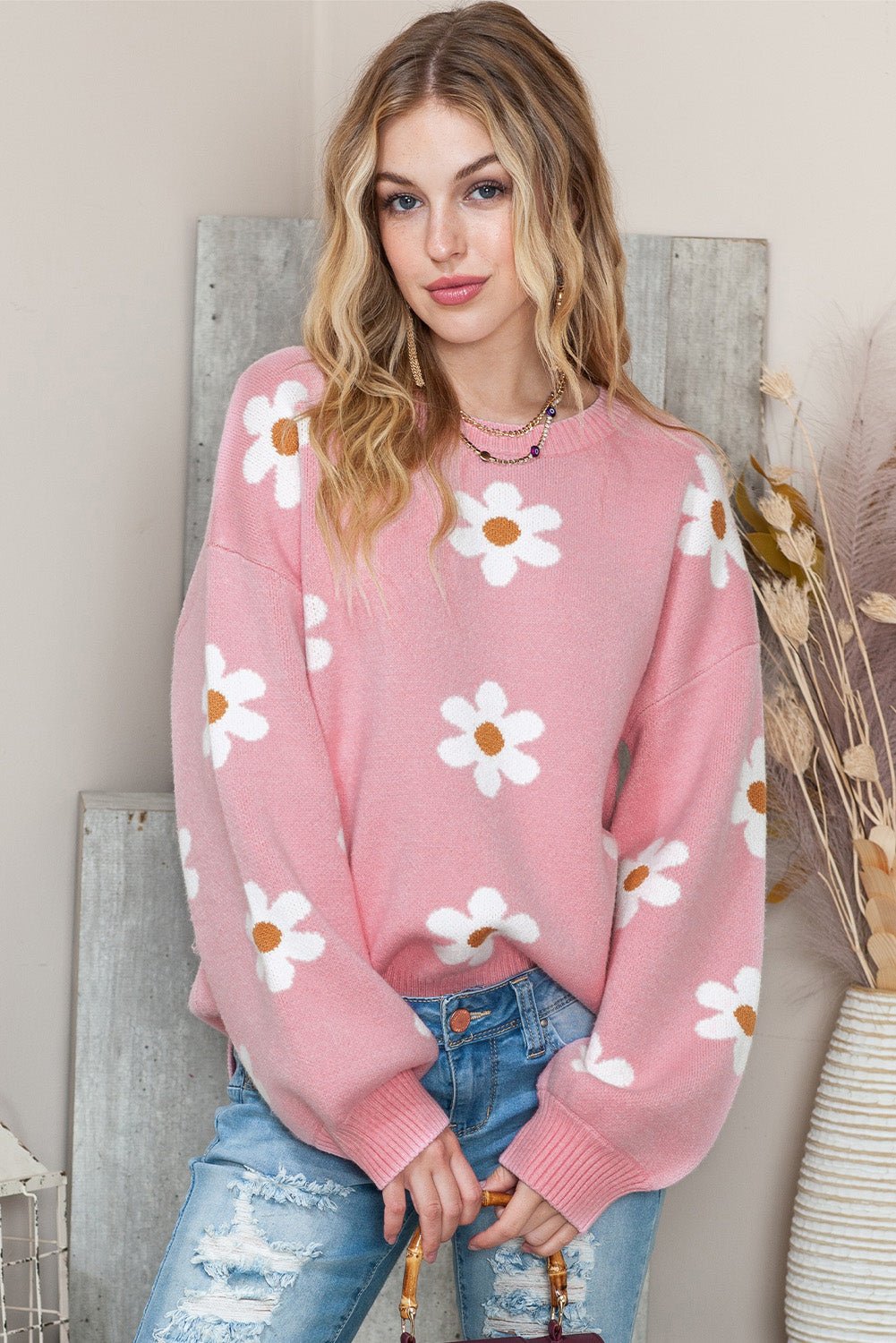 Pink 60s Floral Pattern Drop Shoulder Pullover Knit Sweater - MAD RUFFI