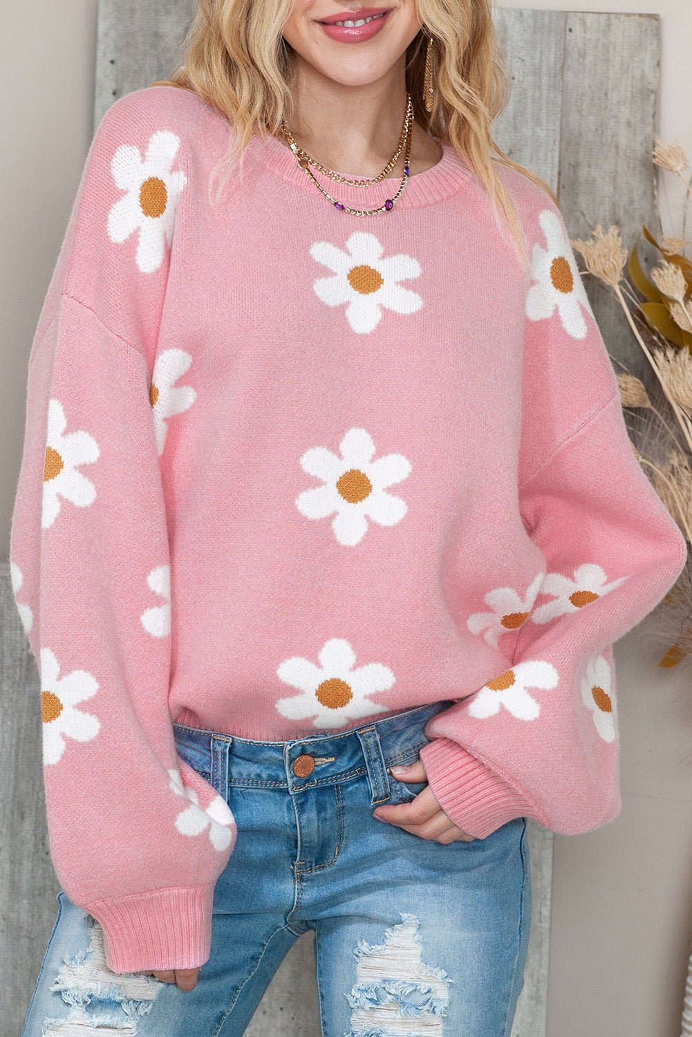 Pink 60s Floral Pattern Drop Shoulder Pullover Knit Sweater - MAD RUFFI